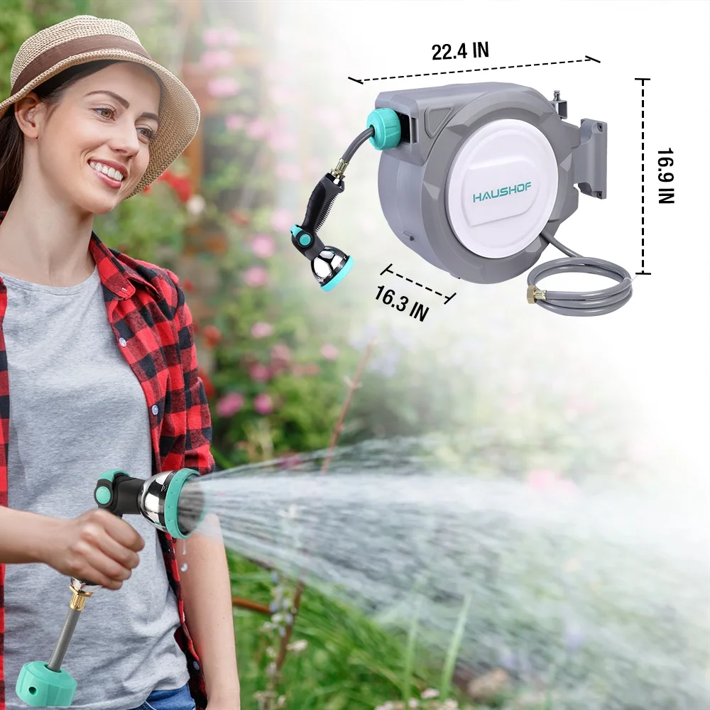 HAUSHOF 1/2" x 100 ft Retractable Garden Hose Reel with Automatic Rewind, 10-Pattern Spray Nozzle, Durable High-Pressure Hose, and 180- Swivel Bracket -C Perfect for Watering Gardens, Cleaning Patios - Image 11