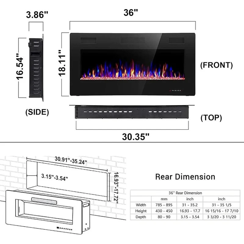 Recessed Electric Fireplace Heater, Wall Mounted 750-1500W Fireplace with Remote Control - Image 3