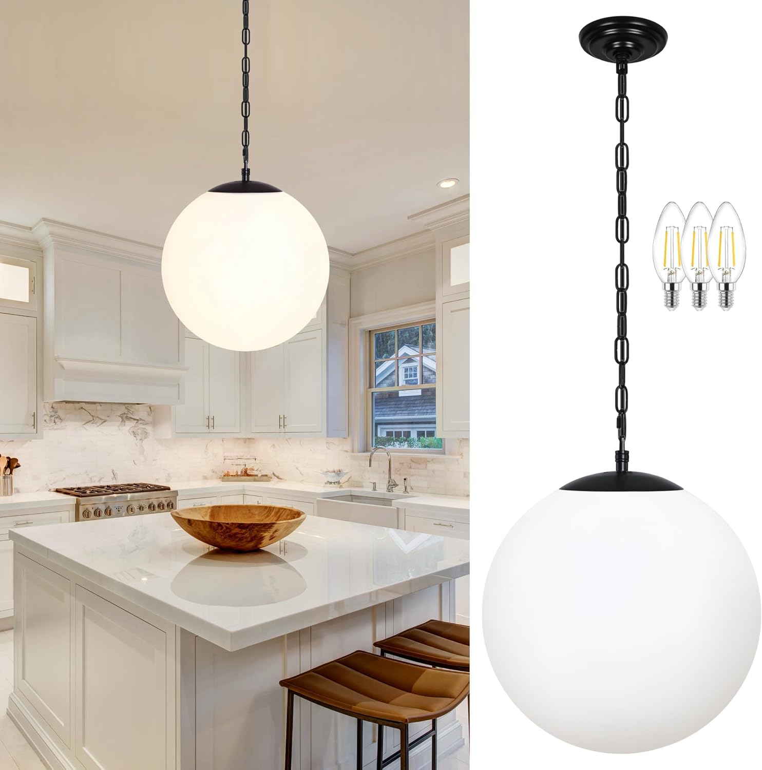 14" Gold Globe Pendant Light, Mid Century Pendant Light, Clear Glass Pendant Lights, Kitchen Island Adjustable Hanging Light Fixture for Dining Room, Bedroom, Kitchen Island - Image 8