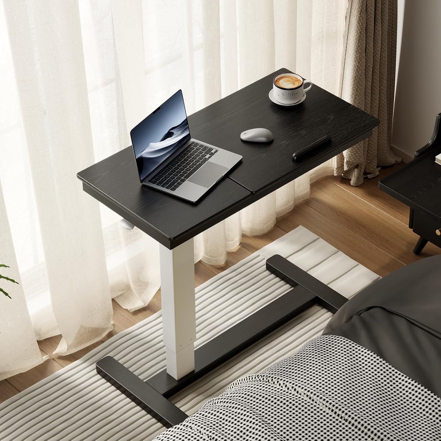 Solid Wood Overbed Bedside Table with Wheels,Tilt Top Hospital Bed Table Adjustable Over the Bed,Rolling Bed Desk for Hospital and Home Use (Black) - Image 2