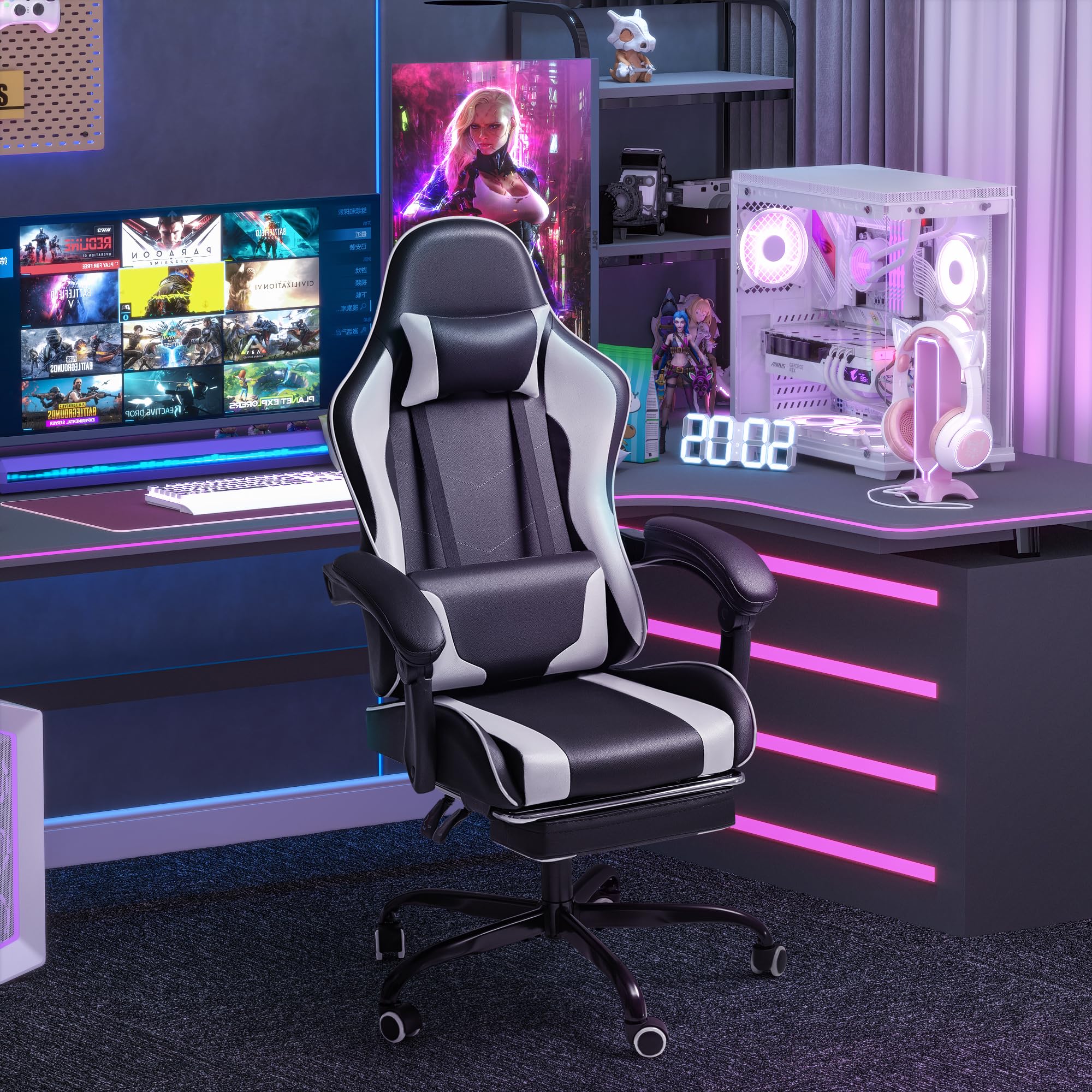 Ergonomic Gaming Chair with Footrest and Massage Support, Reclining Computer Chair for Gaming Room and Home Office - Image 7