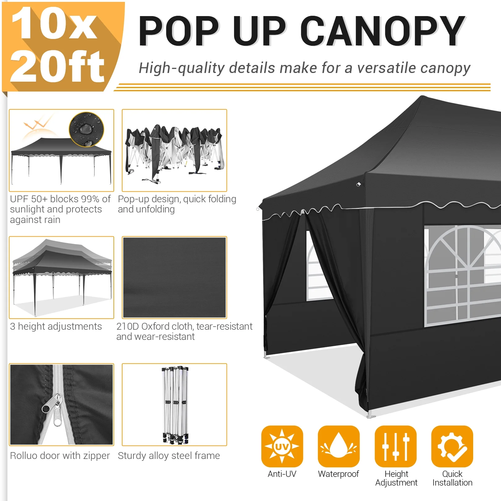 SANOPY 10' x 20' Pop up Canopy Party Tent with 6 Removable Sidewalls, Wave Eave Outdoor Waterproof Patio Gazebo Tent with Carry Bag, Backyards Camping Picnics, Black - Image 18