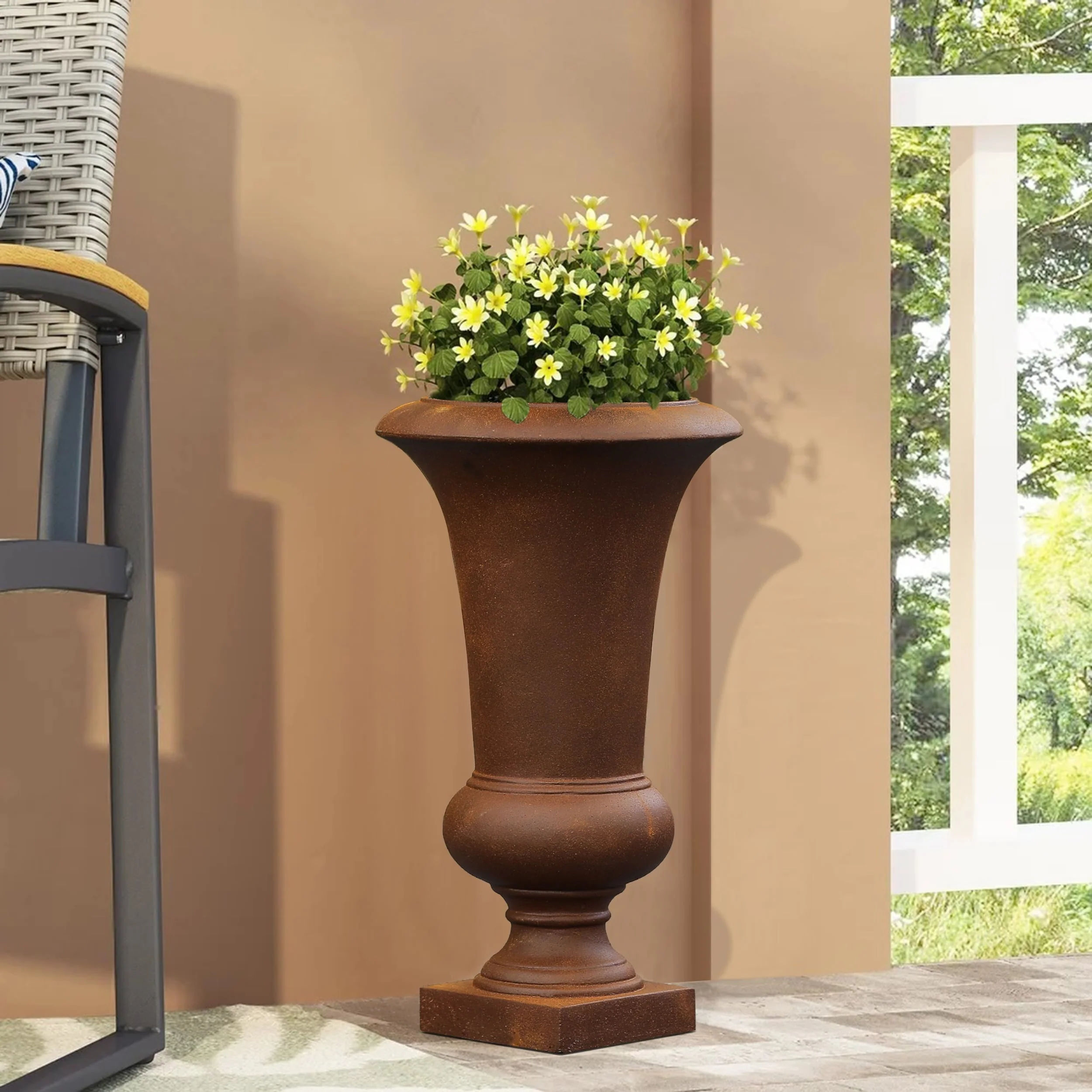 22.75" Tall Handmade Fiber Stone Urn Planter Pot, Decorative Outdoor Garden Flower Container for Patio and Home - Image 13