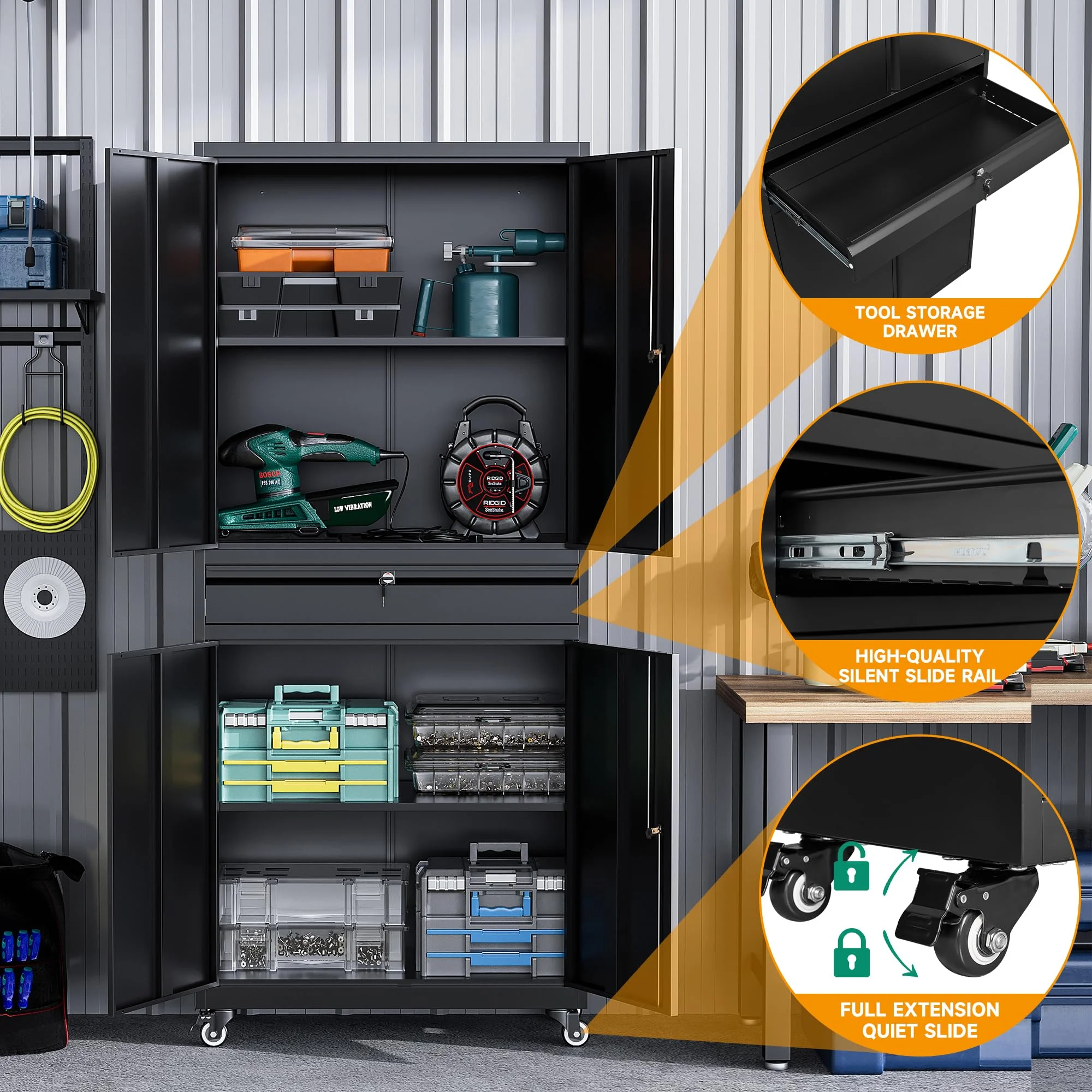 STANI Metal Garage Storage Cabinets with Drawer, 4 Doors Tool Storage Cabinet with 2 Adjustable Shelves, 73"H Rolling Steel Locking Cabinet for Garage Utility Room Home Office (Black, 4 Wheel) - Image 8
