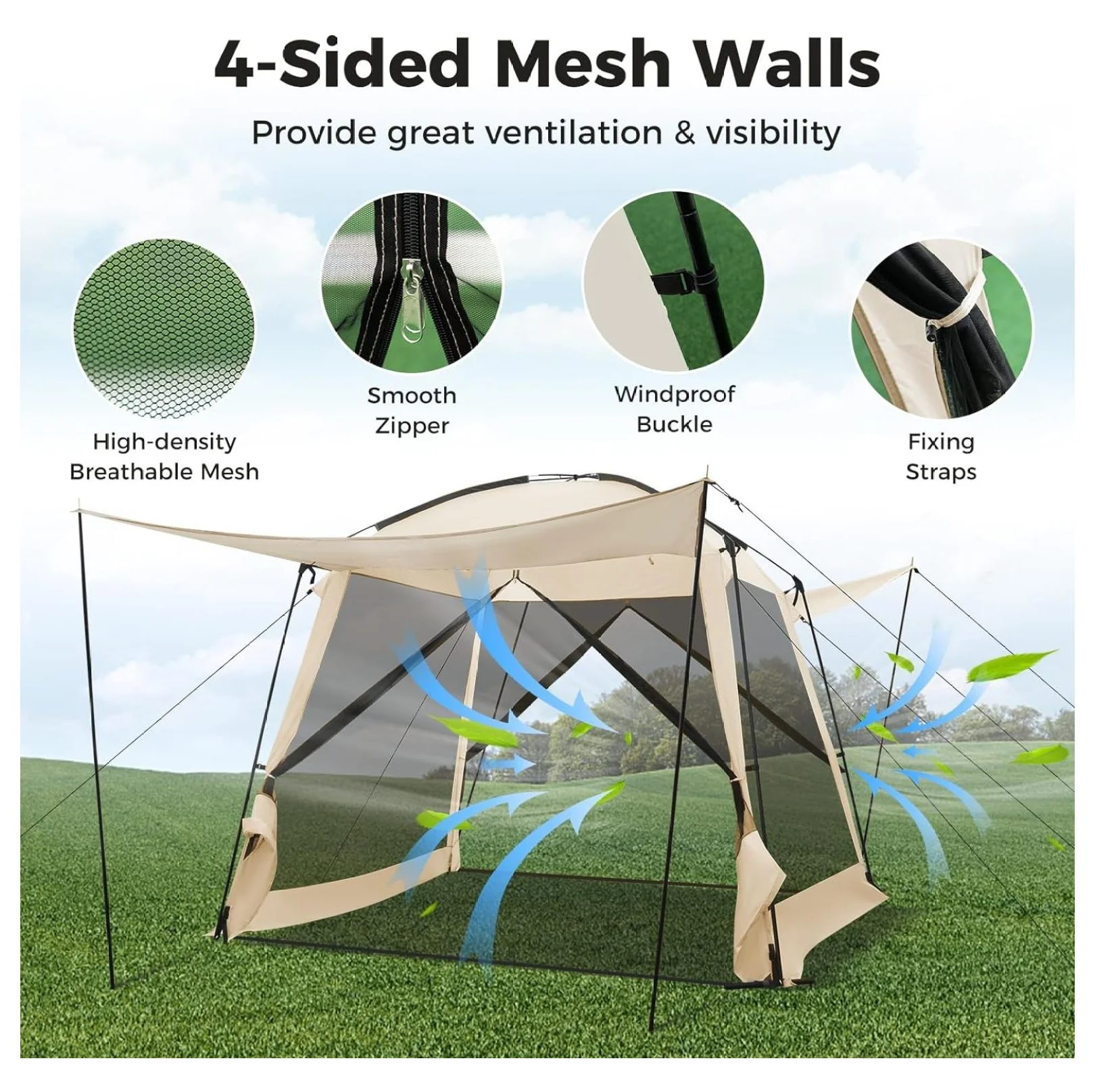 10x10 Screen Tent, Portable Screen House for Camping & Patios - Easy Setup Canopy with Mesh Walls, 2 Doors & Carry Bag Beige - Image 5