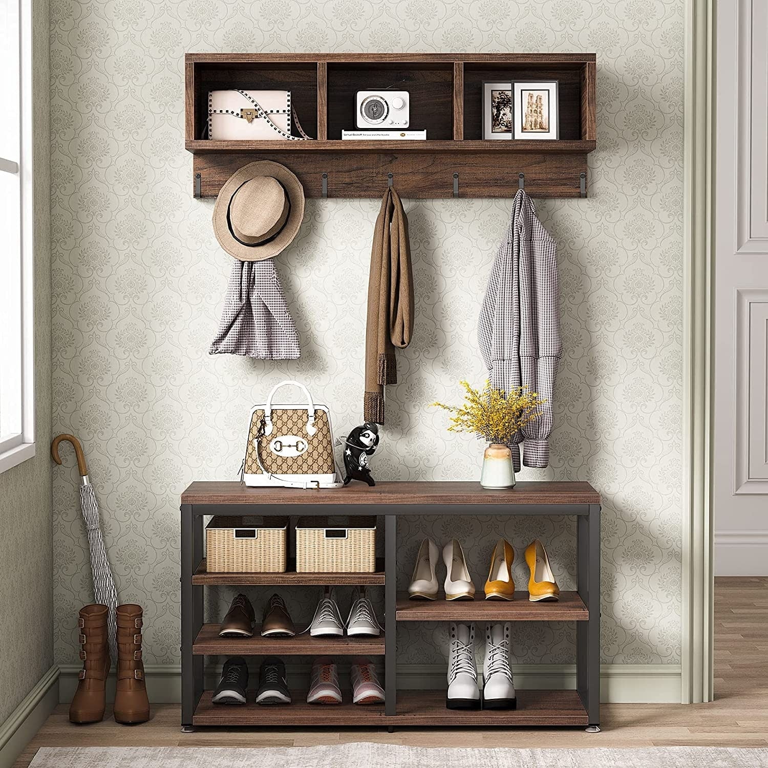 Entryway Coat Rack and Shoe Bench Set, Industrial Hall Tree with Coat and Shoe Storage - Image 2