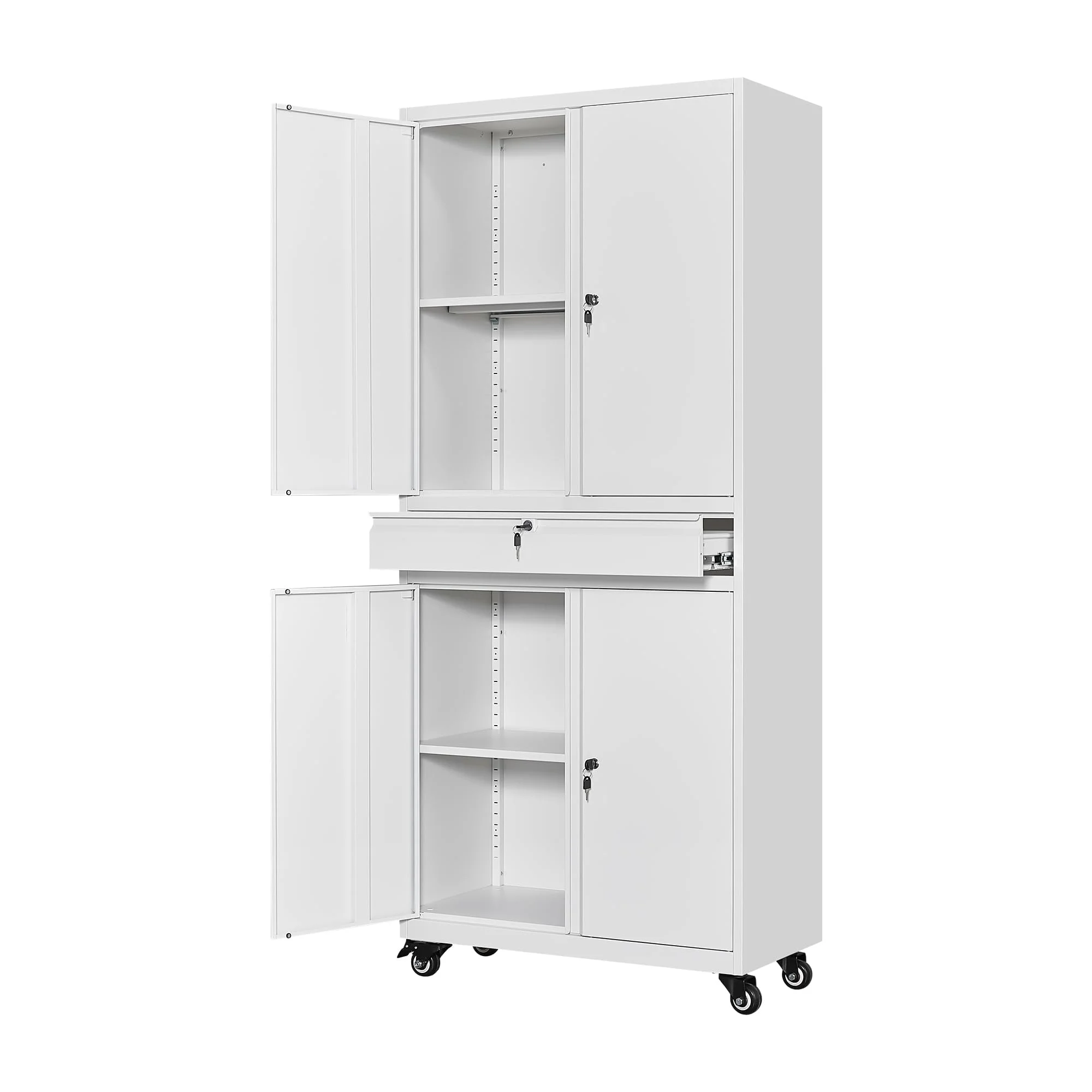 STANI Metal Garage Storage Cabinets with Drawer, 4 Doors Tool Storage Cabinet with 2 Adjustable Shelves, 73"H Rolling Steel Locking Cabinet for Garage Utility Room Home Office (Black, 4 Wheel) - Image 22