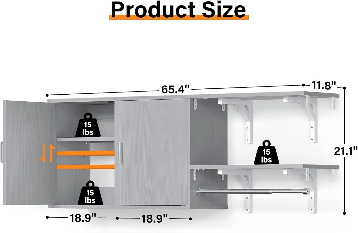 Homieasy Wall Mounted Cabinet with Hanging Rod, 65'' Wide Laundry Cabinet with 2 Shelves and Doors, Reversible, Small Storage Cabinet for Laundry, Bedroom, 300+ LBS Weight Capacity, White - Image 12