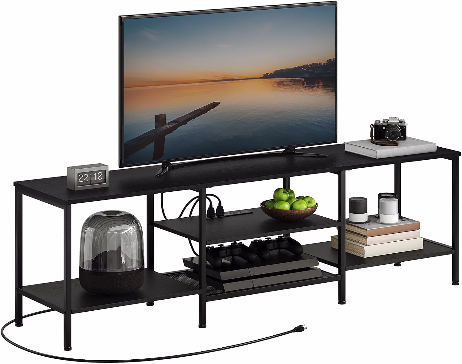 TV Stand with Power Outlets to 75 Inches, TV Console Table with Open Storage Shelves Cabinet, Industrial Media Entertainment Center for Living Room Bedroom, Rustic Brown and Black BF80DS01 - Image 6