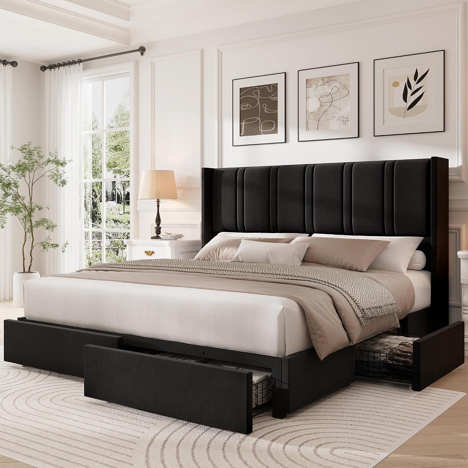 Queen Size Bed Frame with 4 Storage Drawers and Wingback Headboard Linen Upholstered Platform Bed Frame with Wooden Slats, Easy Assembly, White - Image 3
