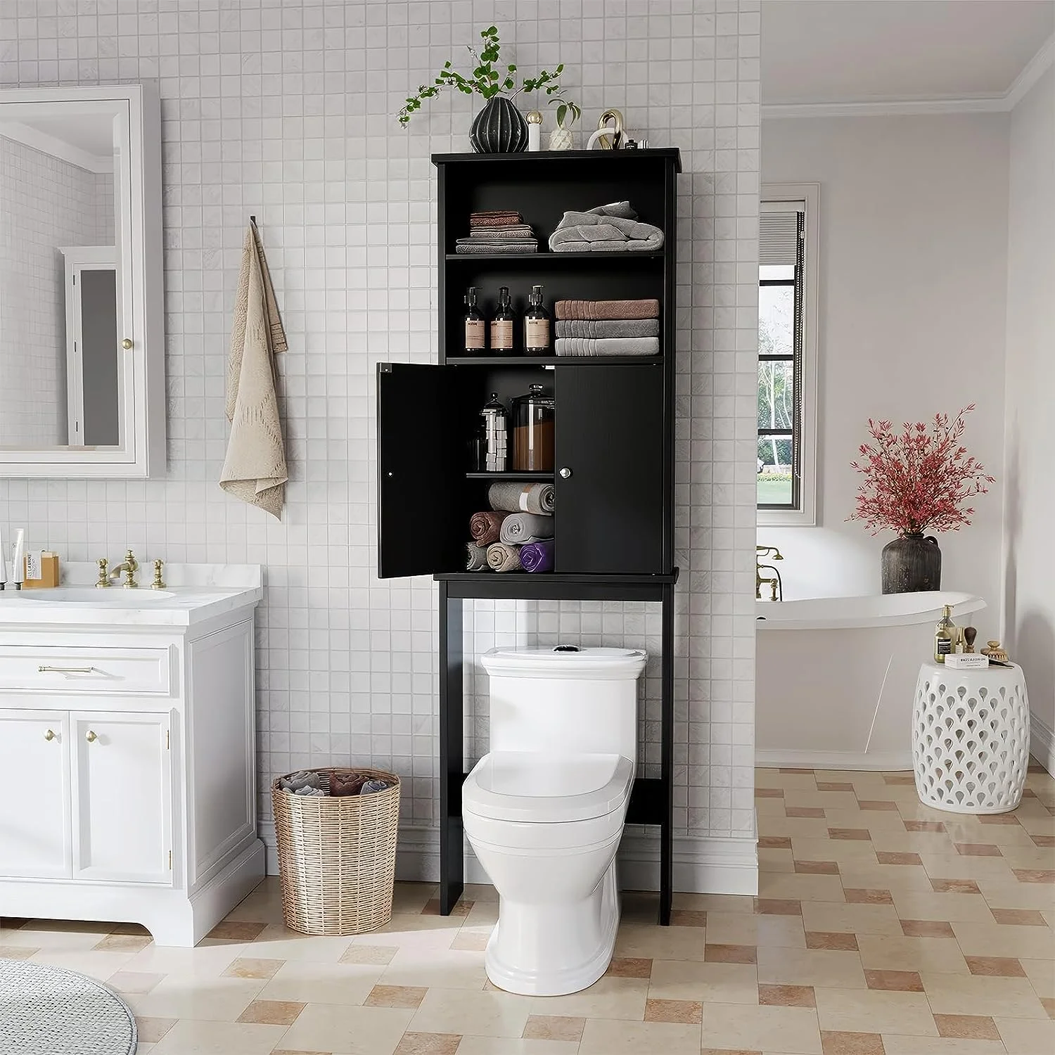 Sobaniilo Over The Toilet Storage Cabinet for Bathroom, Storage Organizer Over Toilet, Space Saver W/Adjustable Shelf & Open Storage Shelf, 75in, White - Image 19