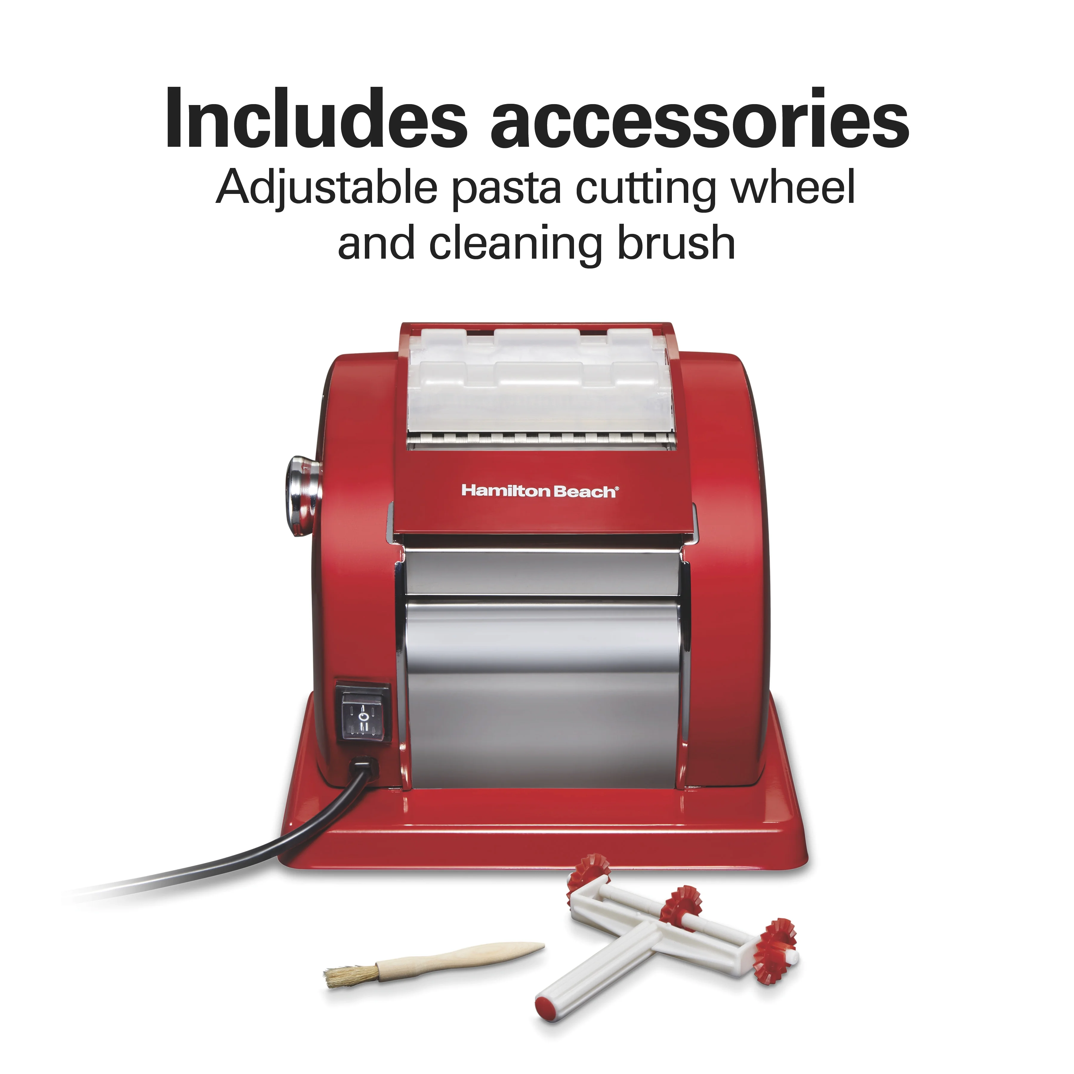 Hamilton Beach Electric Pasta Maker & Noodle Machine with 9 Adjustable Thickness Settings, Includes Spaghetti & Fettucine Cutter, Cutting Wheel, Cleaning Brush, Red - Image 7