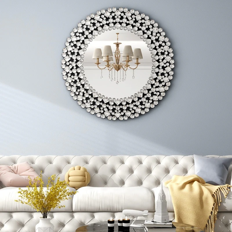 Modern Round Wall Mirror, Crystal Accent Decorative Mirror for Living Room, Bedroom and Entryway - Image 15