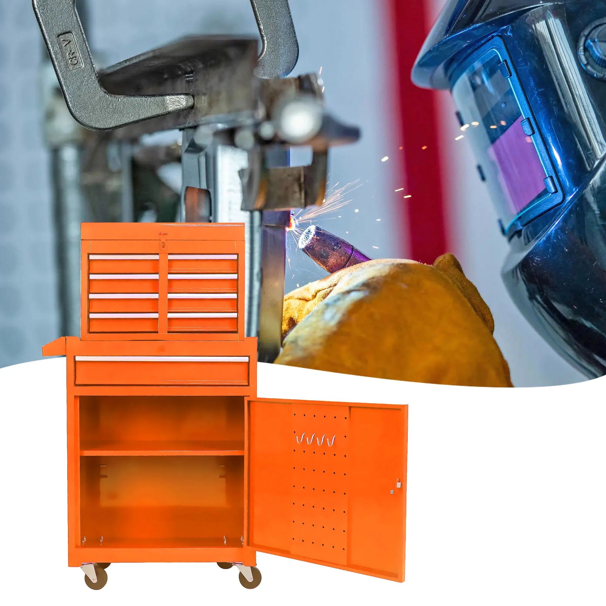 5-Drawer Rolling Tool Chest & Removable Tool Box with Locking System, Tool Box Organizer with 4 Wheels&Hooks, Large Capacity Garage Storage Cabinet for Warehouse and Repair Shop, Orange - Image 2