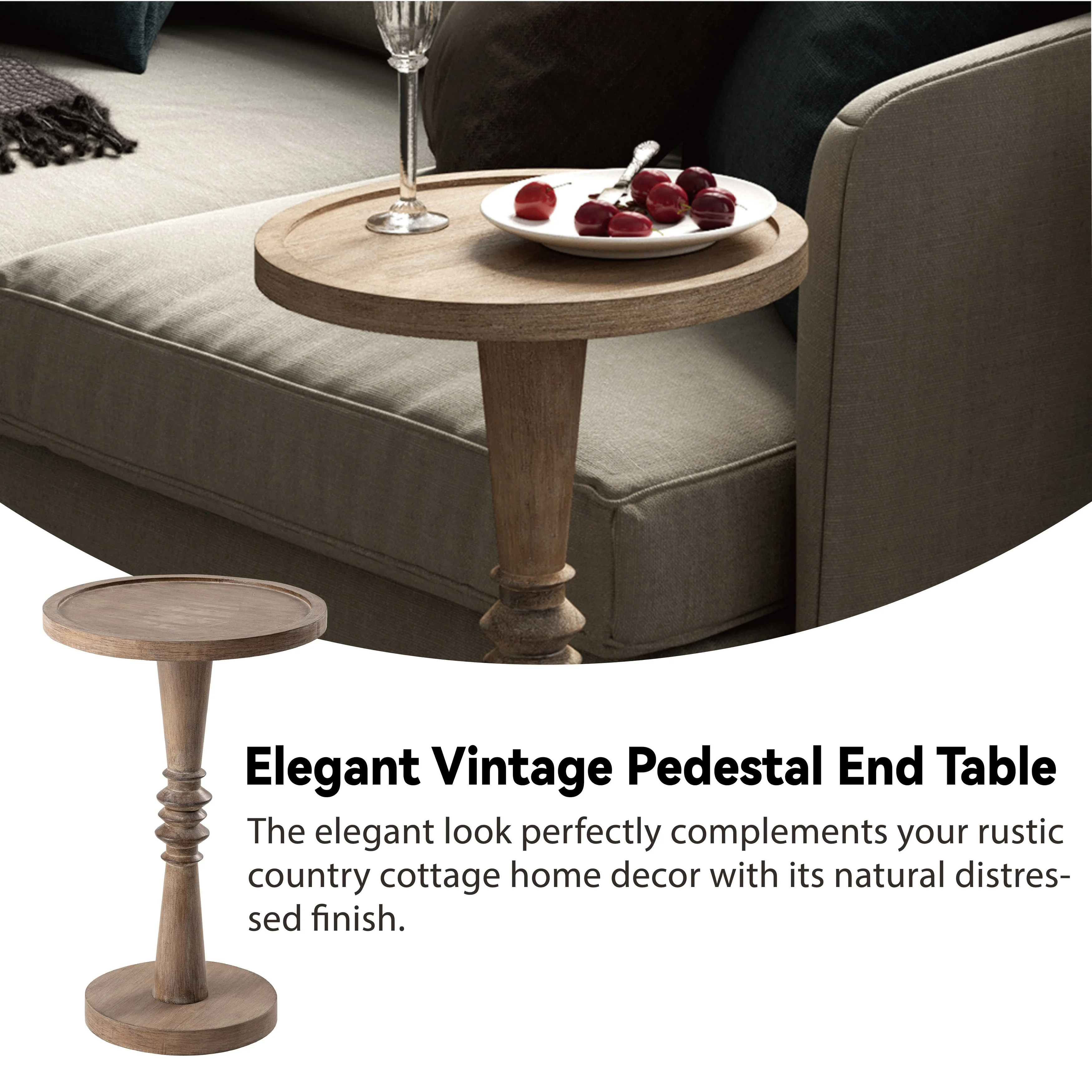 Small Pedestal End Table with Tray Top, Farmhouse Distressed Finish Accent Table - Image 17