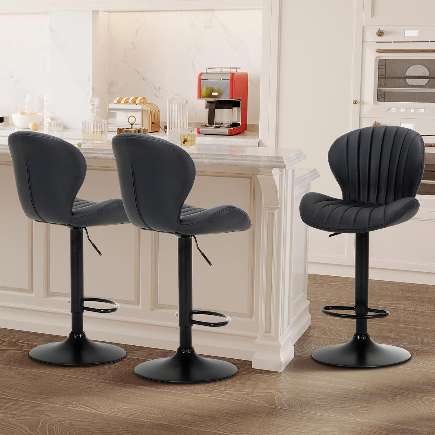 Bar Stools Set of 6, Modern Swivel Bar Chairs, Adjustable Faux Leather Upholstered Barstools Counter Height with High Backrest for Bar, Kitchen Island, Dining Room, Black - Image 10