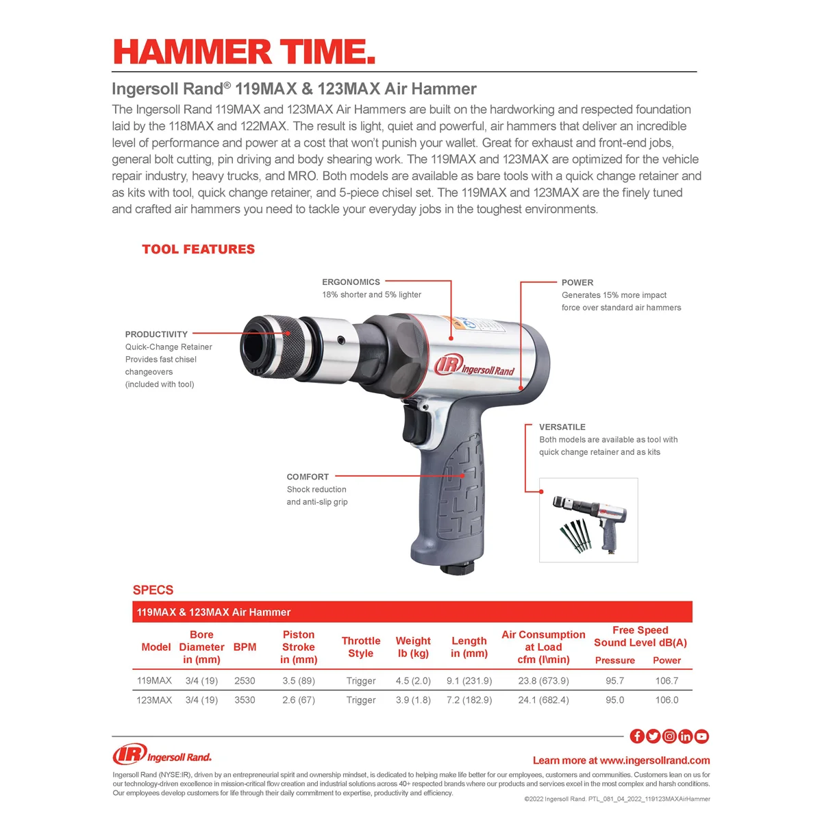 Ingersoll Rand 119MAXK Long Barrel Air Hammer, Low Vibration, for Vehicle Repair - Image 4