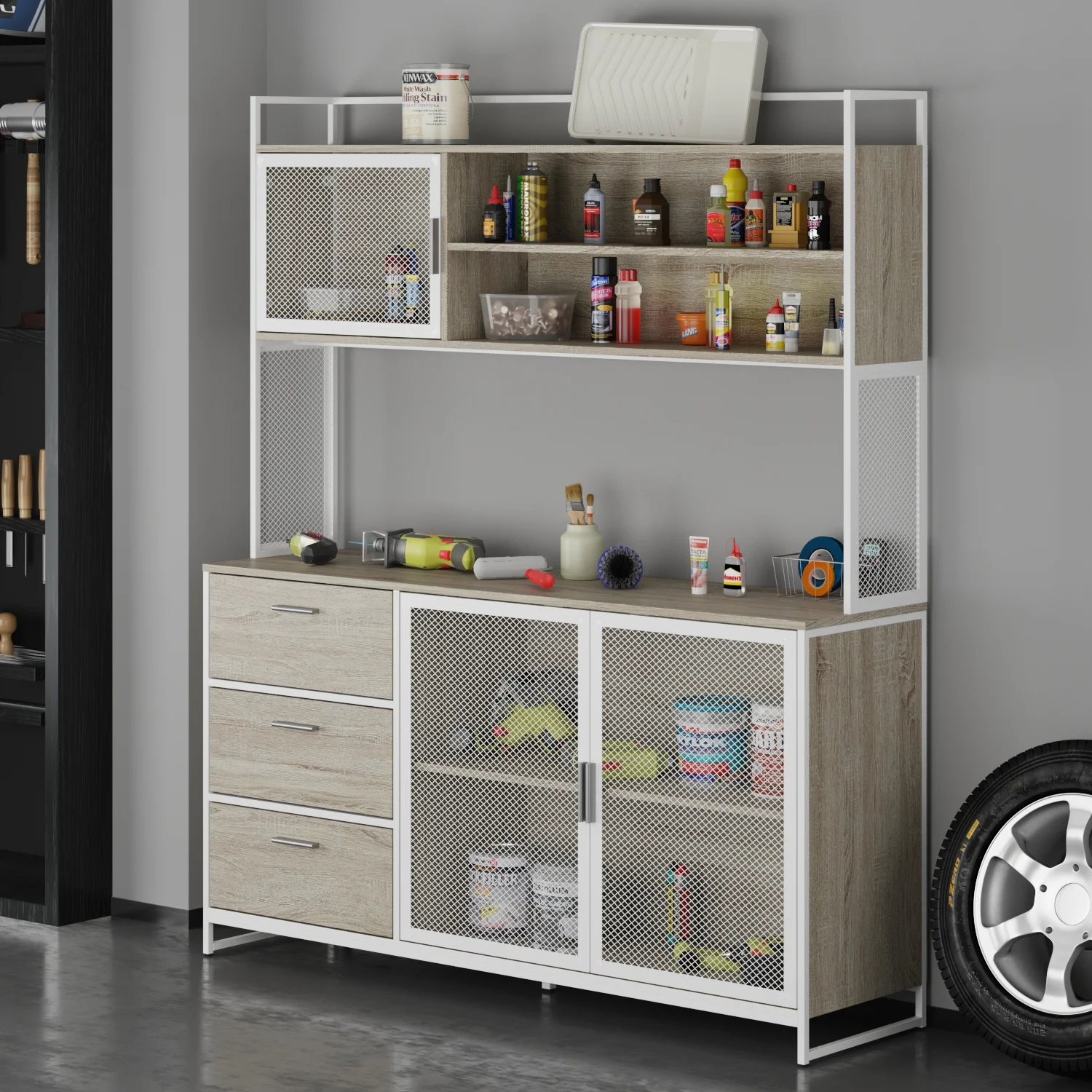WIAWG Garage Cabinet with 3 Drawers and Metal Mesh Door, Industrial Mutifunctional Tool Storage Cabinet for Warehouse, Basement, Home Office (Walnut) - Image 12