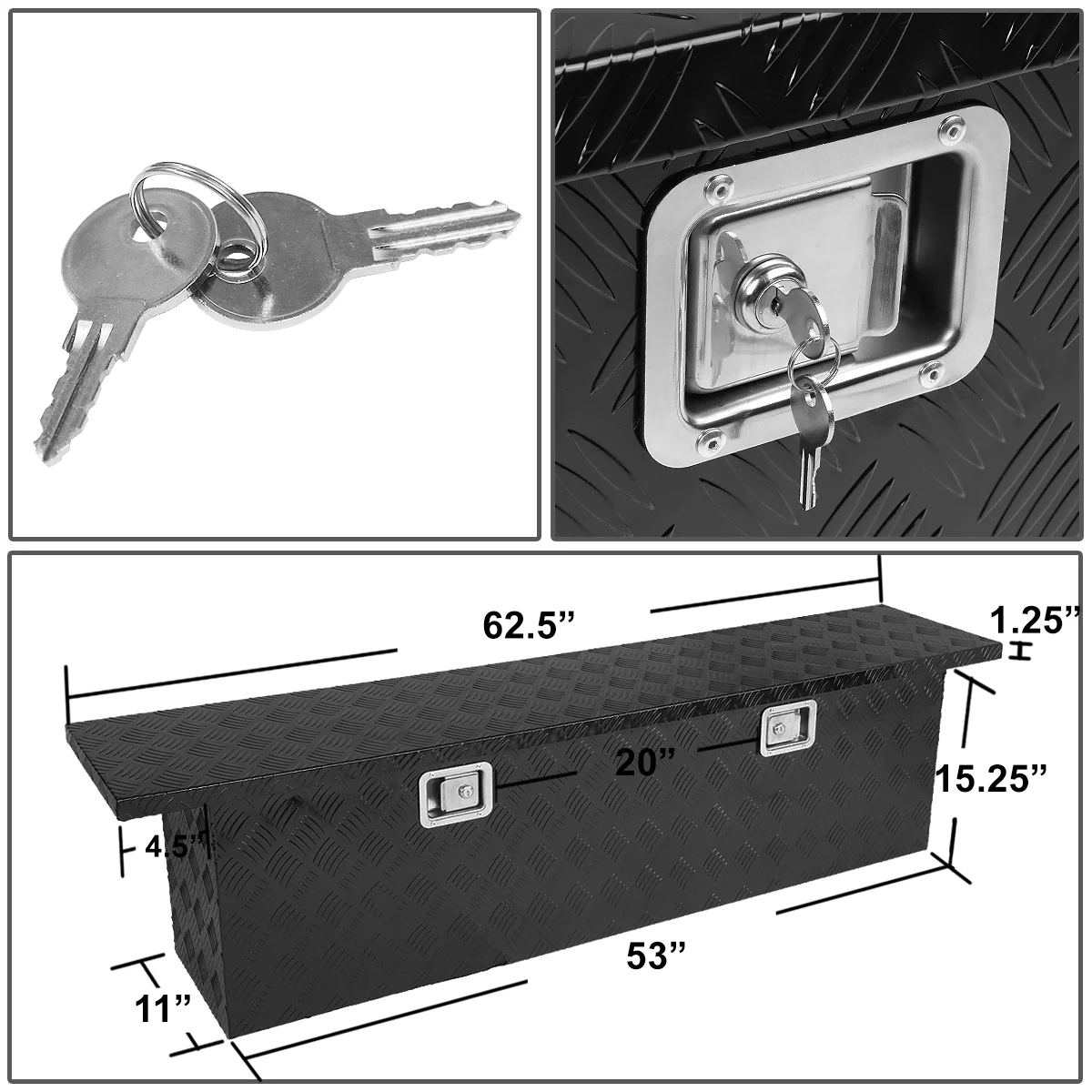 DNA Motoring 63"x 12"x16.5" Aluminum Pickup Truck Bed Trailer Storage Tool Box w/ Key Lock (Black) - Image 2