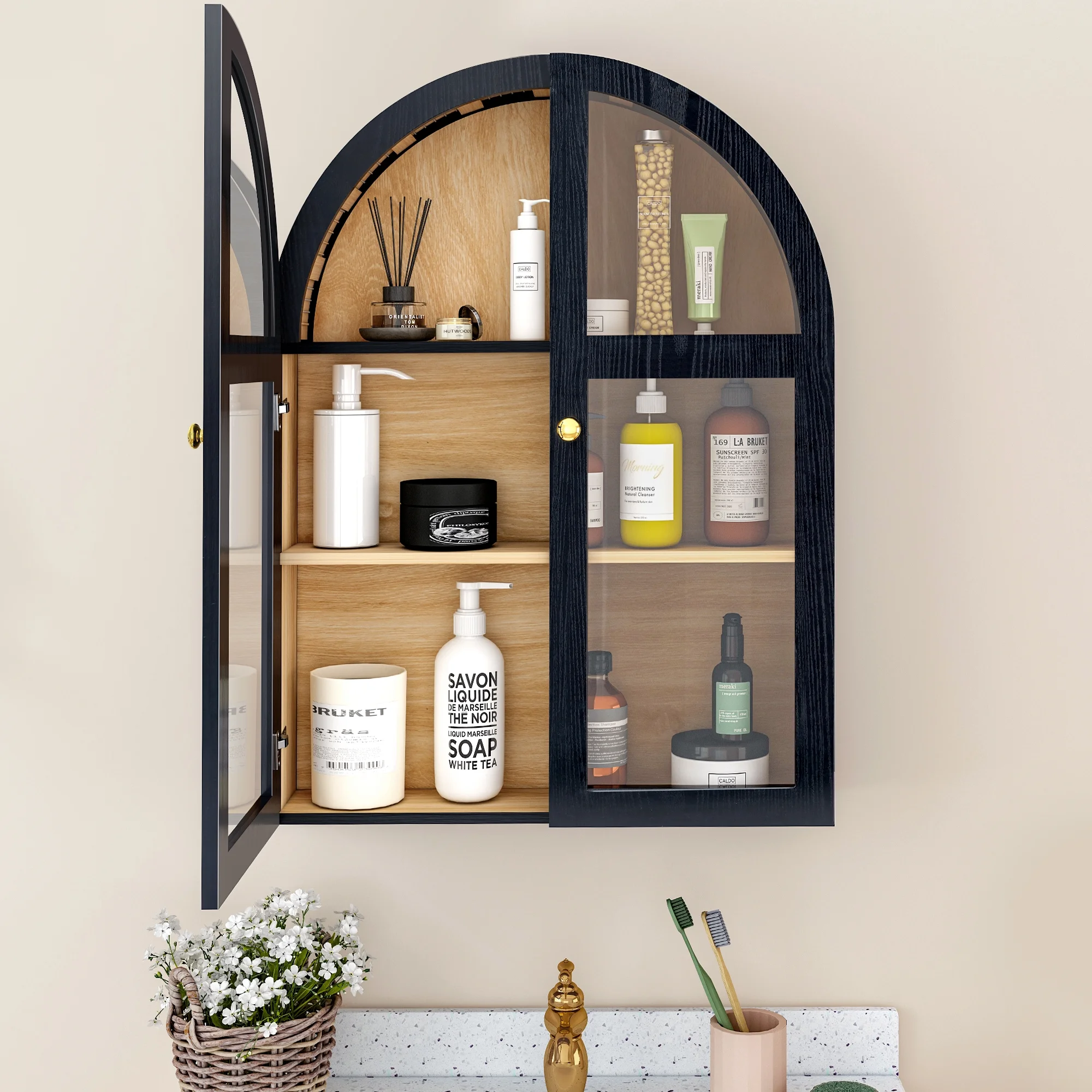 LEFHDA Arched Wall Cabinet with Glass Door, Black Open Storage Cabinet, Hanging Bathroom Shelf, Modern Wall Bathroom Cabinet with Adjustable Shelf Gold Metal Handles - Image 3