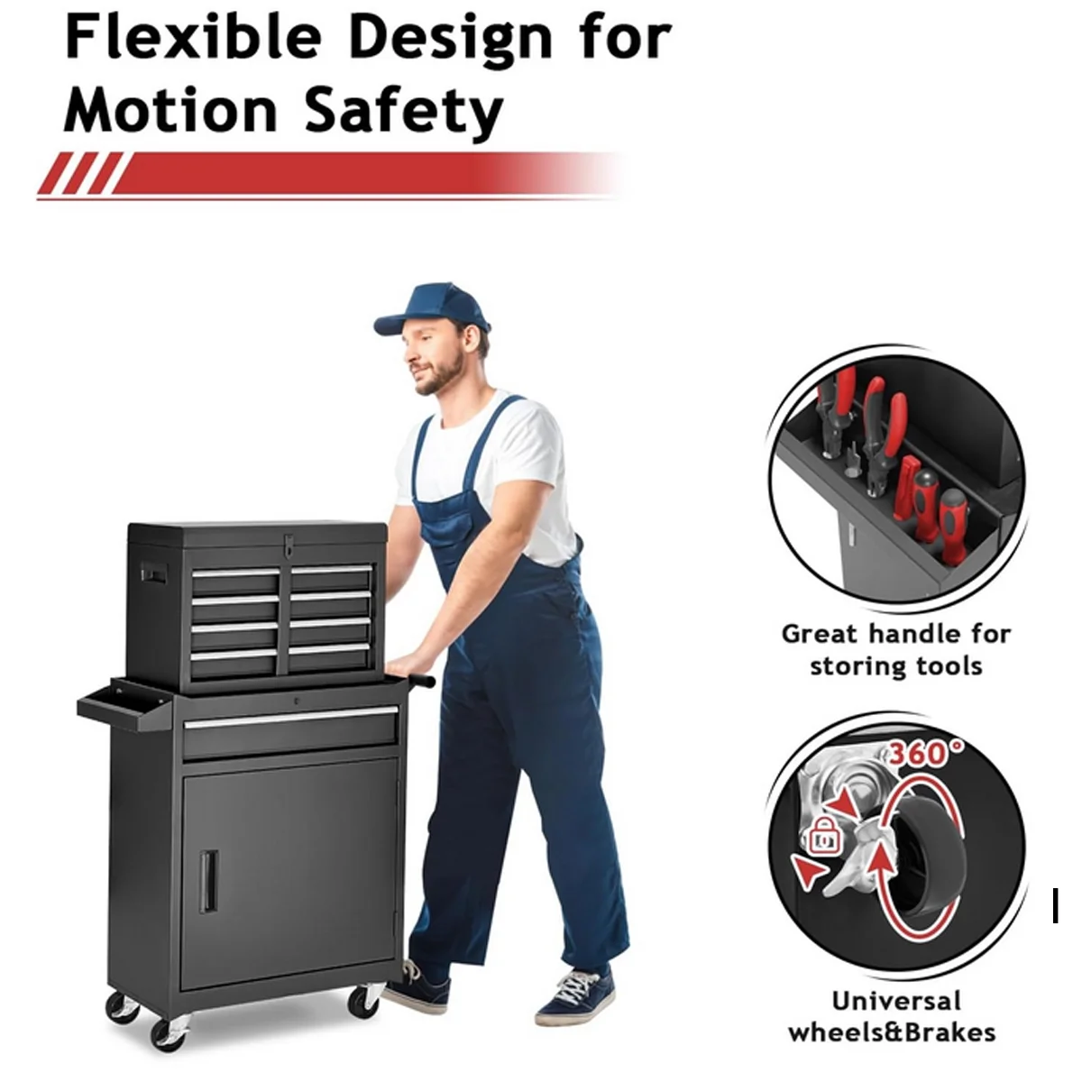 Rolling Tool Chest, 5 Drawers with Big Cabinet, Tool Trolley with 4 Universal Lockable Wheels and Lock Bar, Great Black Tool Cart for Garage Workshop, Sturdy Heavy Duty Tool Storage, Easy Assemble - Image 9