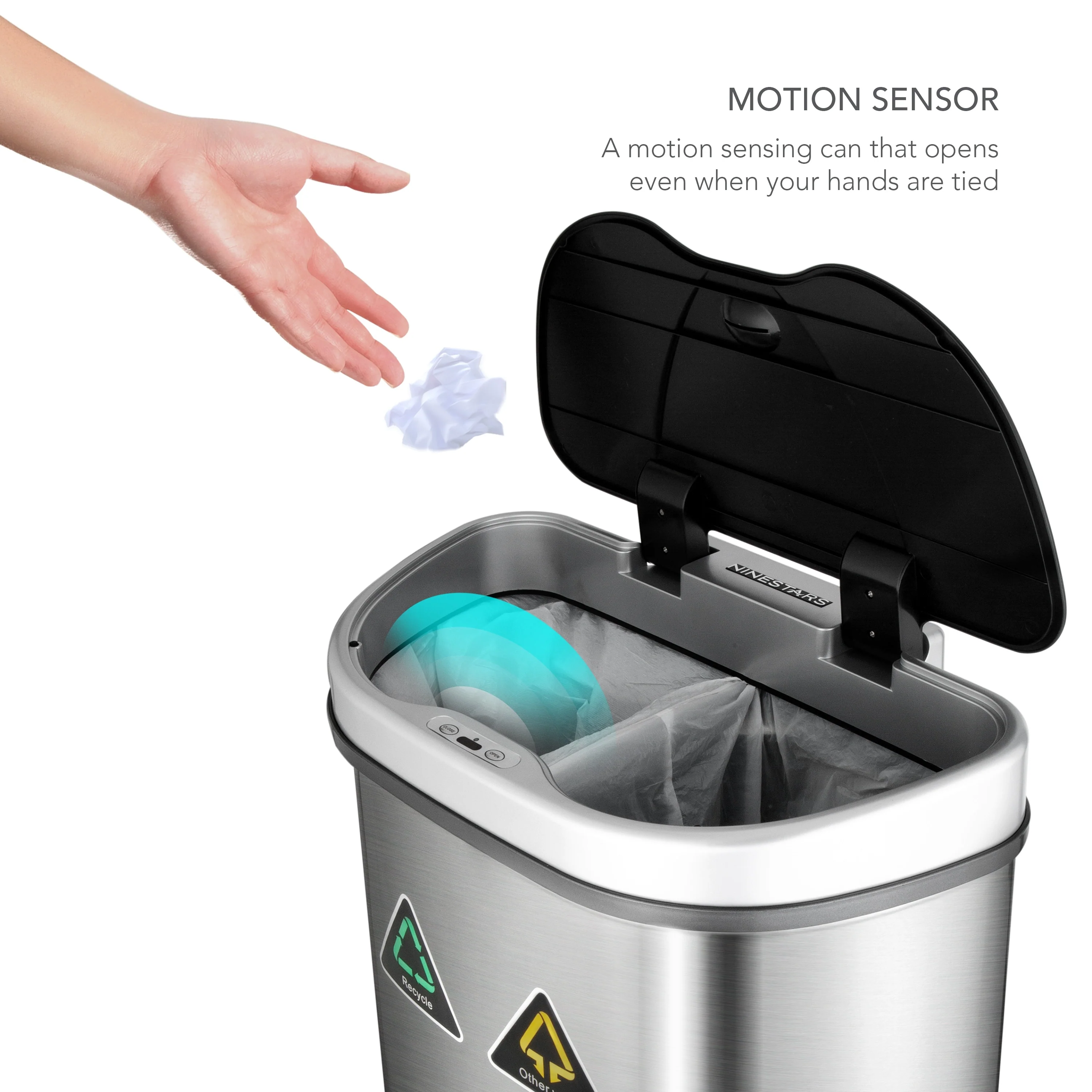 18 Gallon Dual Compartment Motion Sensor Trash Can, Automatic Hands-Free Kitchen Garbage Bin - Image 3