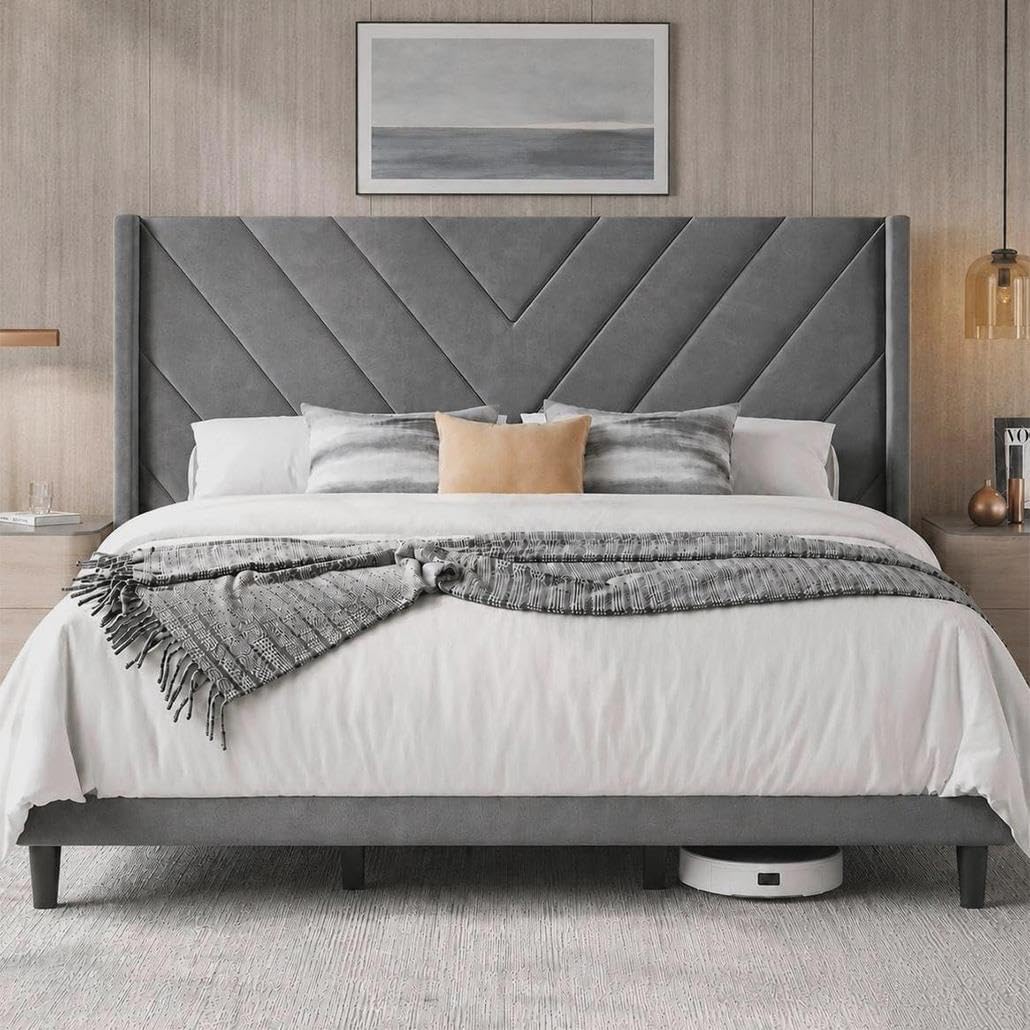 Twin Bed Frame with Chevron Channel-Tufted Headboard, Light Gray - Image 3