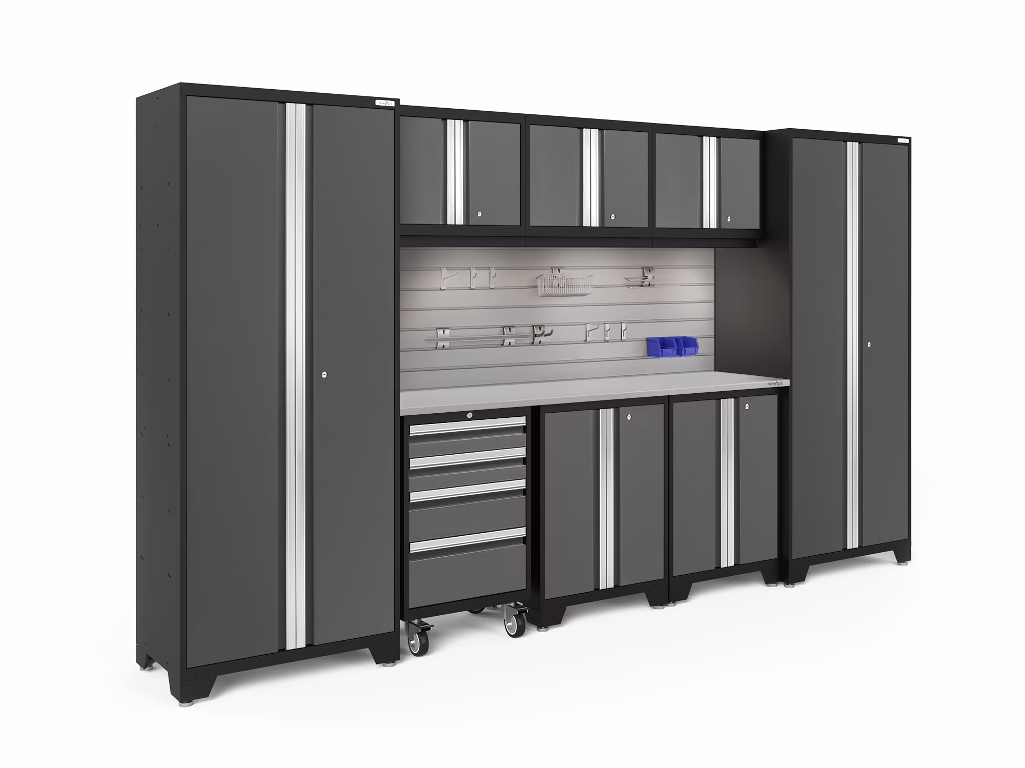 NewAge Products Bold Series Gray 9 Piece Cabinet Set, Heavy Duty 24-Gauge Steel Garage Storage System, Includes LED Lights / Slatwall / Hook Kit