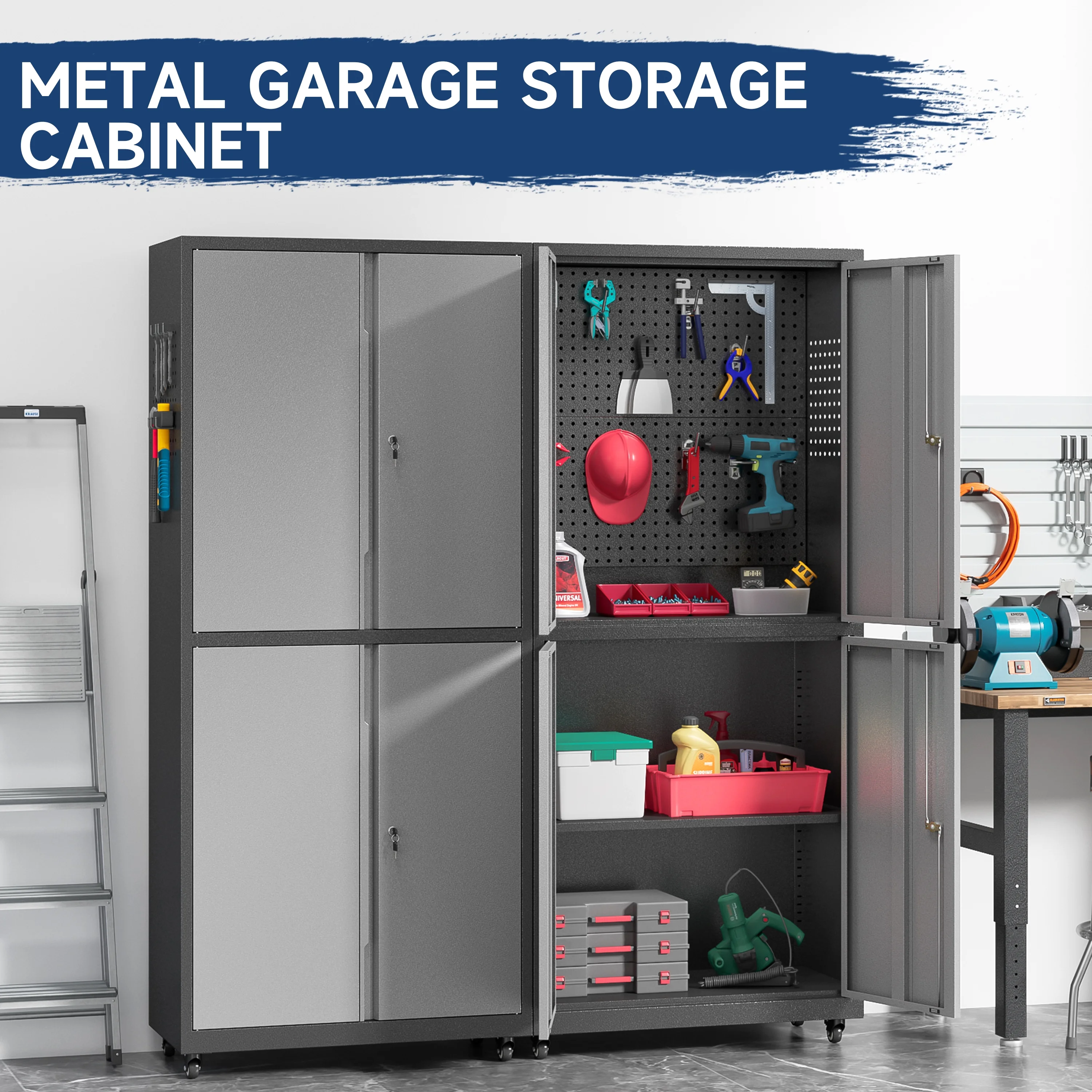 Metal Storage Cabinet with Wheels,Tool Storage Cabinet with Doors and Shelves Adjustable,Heavy Duty Garage Storage Cabinet,Steel Locking Storage Cabinet for Garage/Warehouse/Office/School/Home-Black - Image 22