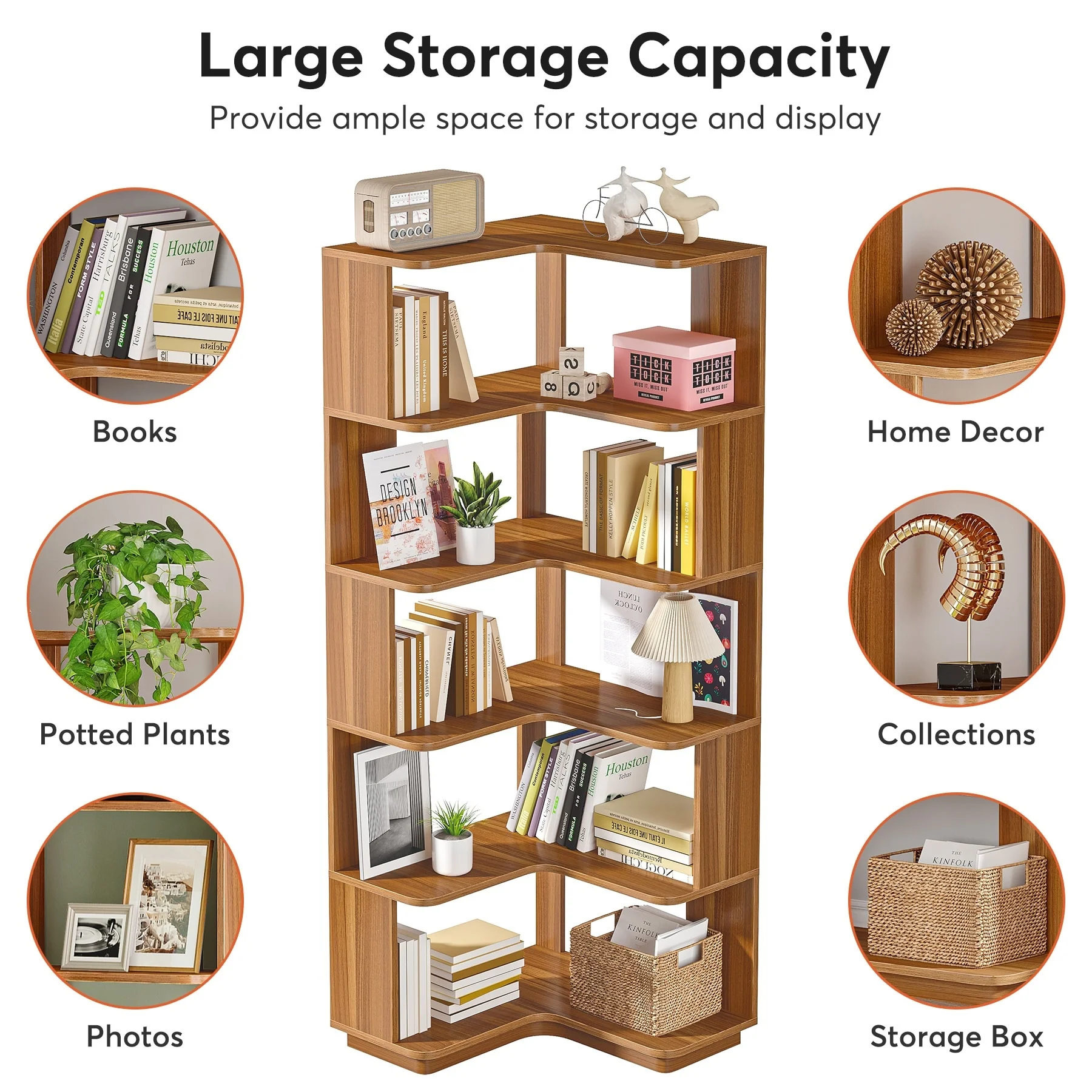 64.9 Inch Tall 6-Tier Corner Bookshelf, Freestanding Wood Industrial Bookcase - Image 18