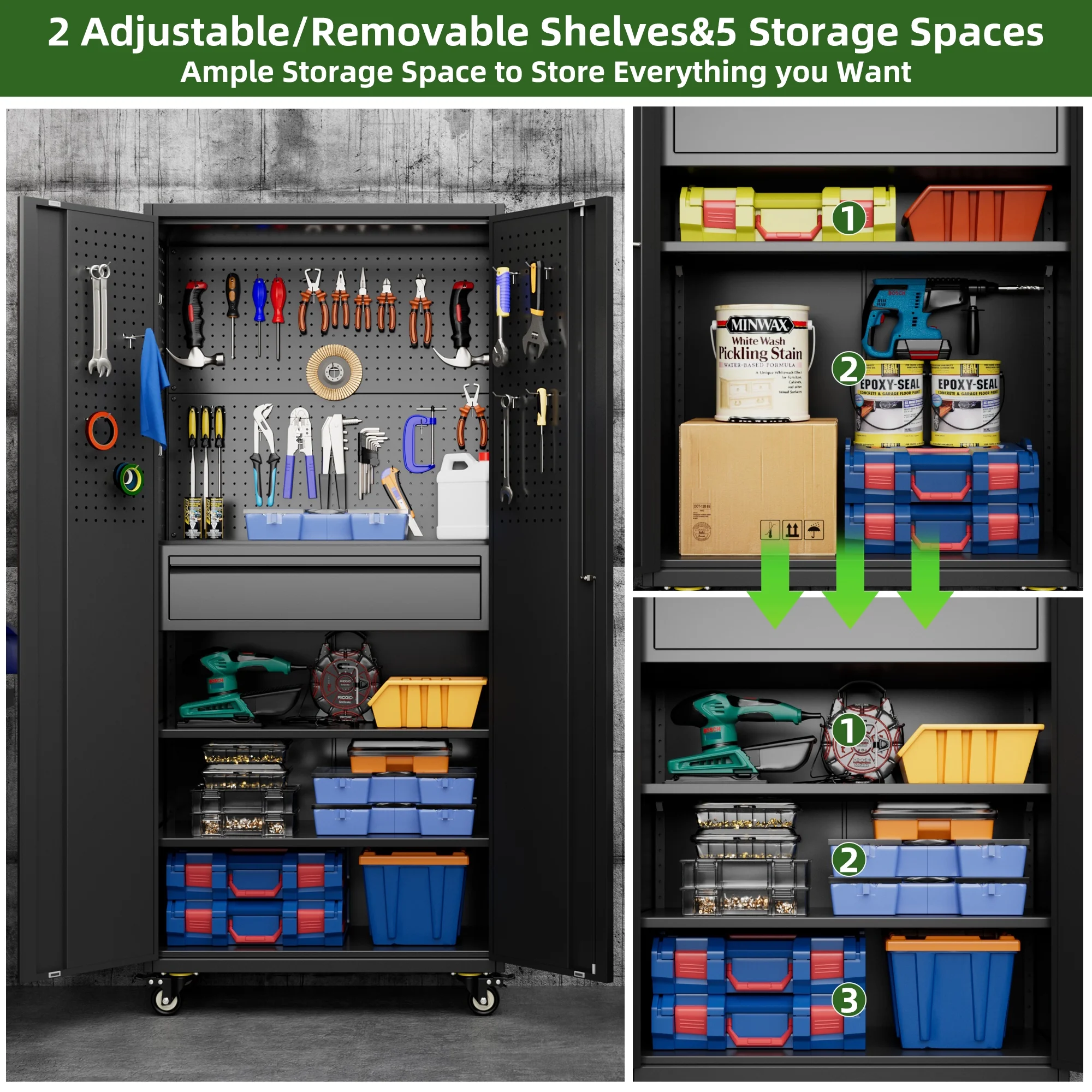 SUPEER 71" Metal Storage Cabinets with Wheels and Pegboards, Industrial Cabinet with 2 Drawers and 2 Adjustable Shelves,, Assembly Required - Image 59