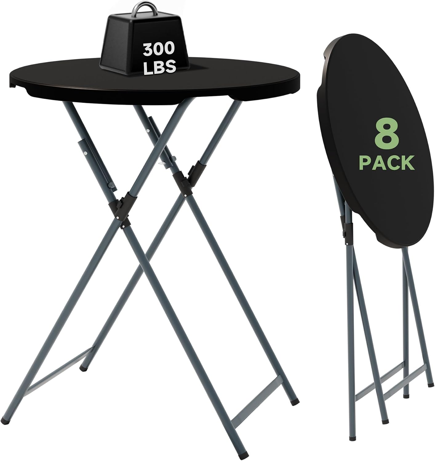 32" Round Folding Cocktail Table, HDPE Material Top with Steel Frame, Stable and Easy to Clean, High Top Table for Parties, Patio, Events, 2 Pack, Black