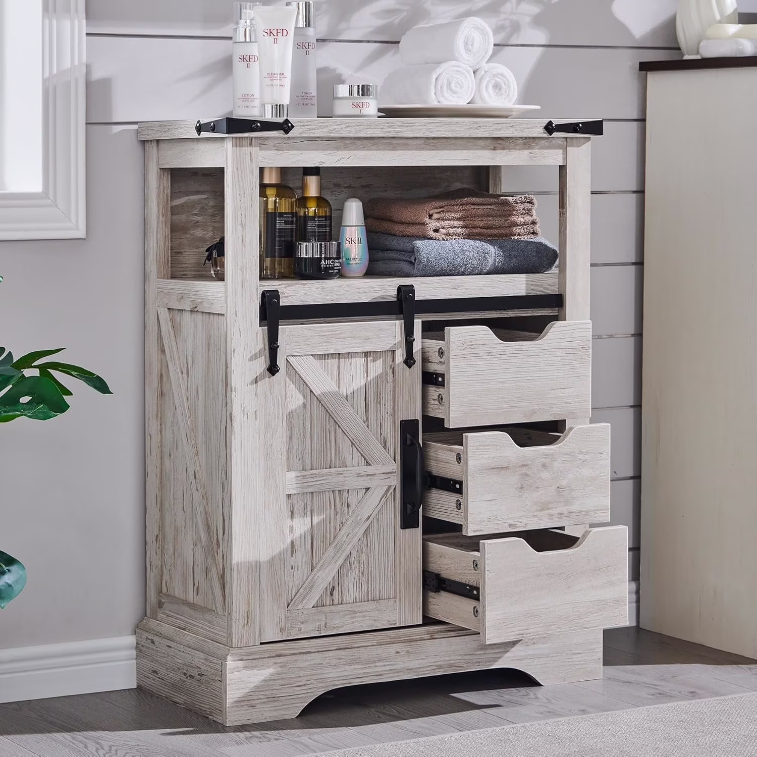 OKD Farmhouse Bathroom Storage Cabinet with 3 Drawers and Adjustable Shelves Wooden Rustic Accent Entryway Cupboard, Antique White - Image 3