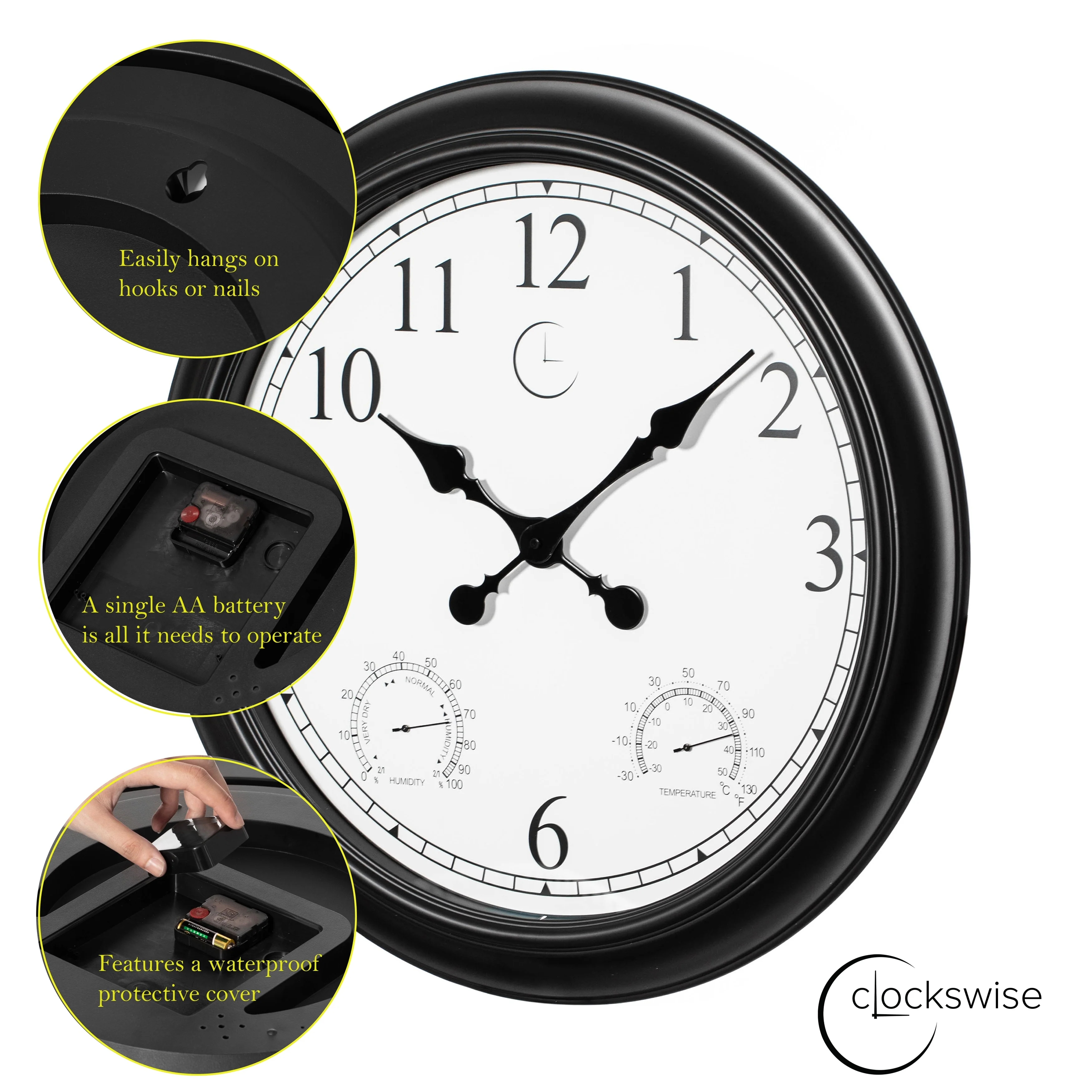 Large Outdoor Wall Clock with Thermometer, Waterproof Silent Garden Weather Station, Black - Image 27
