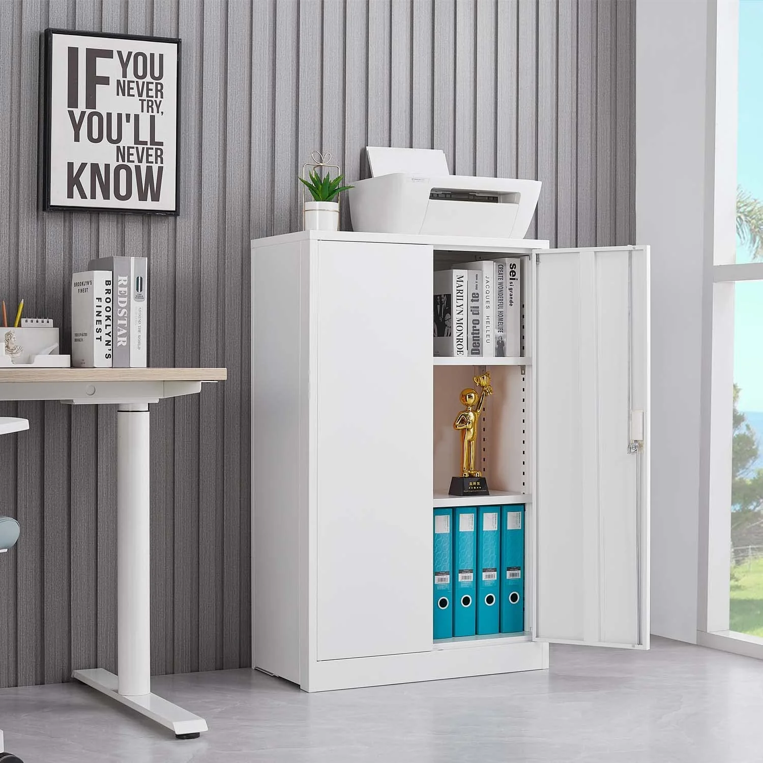 Gewnee Metal Storage Cabinet, 42 inch Folding Garage Cabinets with Adjustable Shelves and Locking Doors,White - Image 5