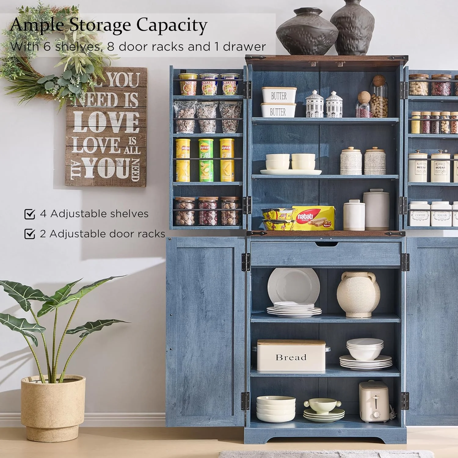 47" Kitchen Pantry, Farmhouse Storage Cabinet with Barn Doors, Organizer and Adjustable Shelves, Rustic Wood Cupboard for Kitchen, Dining Room, Bathroom and Hallway, Black - Image 18