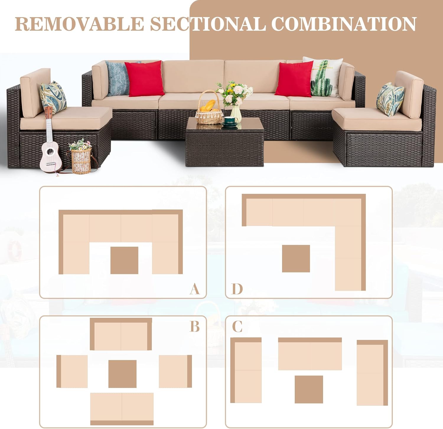 5-Piece All-Weather Patio Furniture Set with Ottoman, Outdoor Wicker Conversation Sofa Set with Cushions for Garden, Deck & Backyard - Image 37