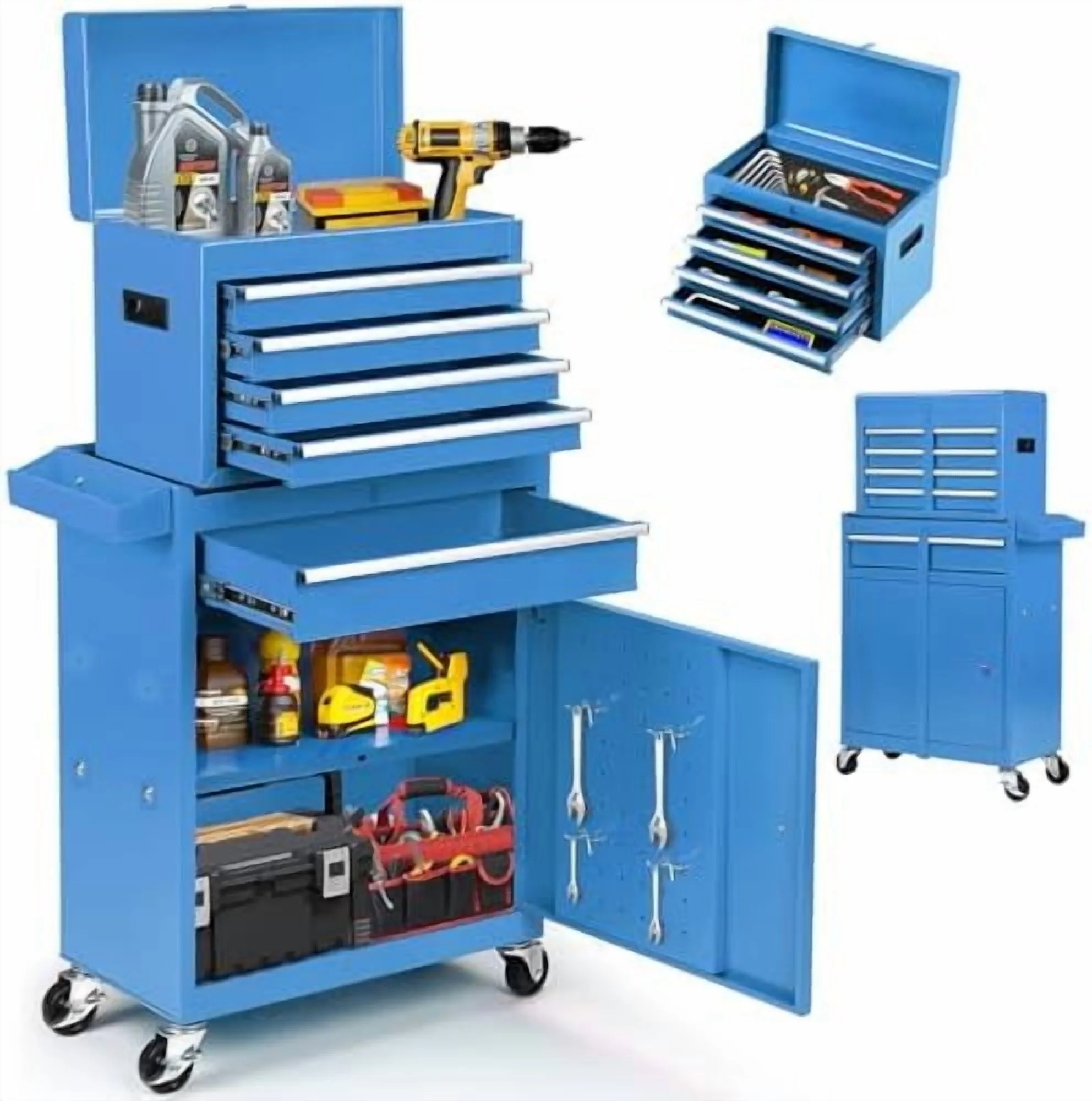 5-Drawer Rolling Tool Chest -C 2-in-1 Lockable Tool Box with Wheels, Sliding Drawers & Detachable Top -C Garage & Workshop Storage Cabinet, Green - Image 8