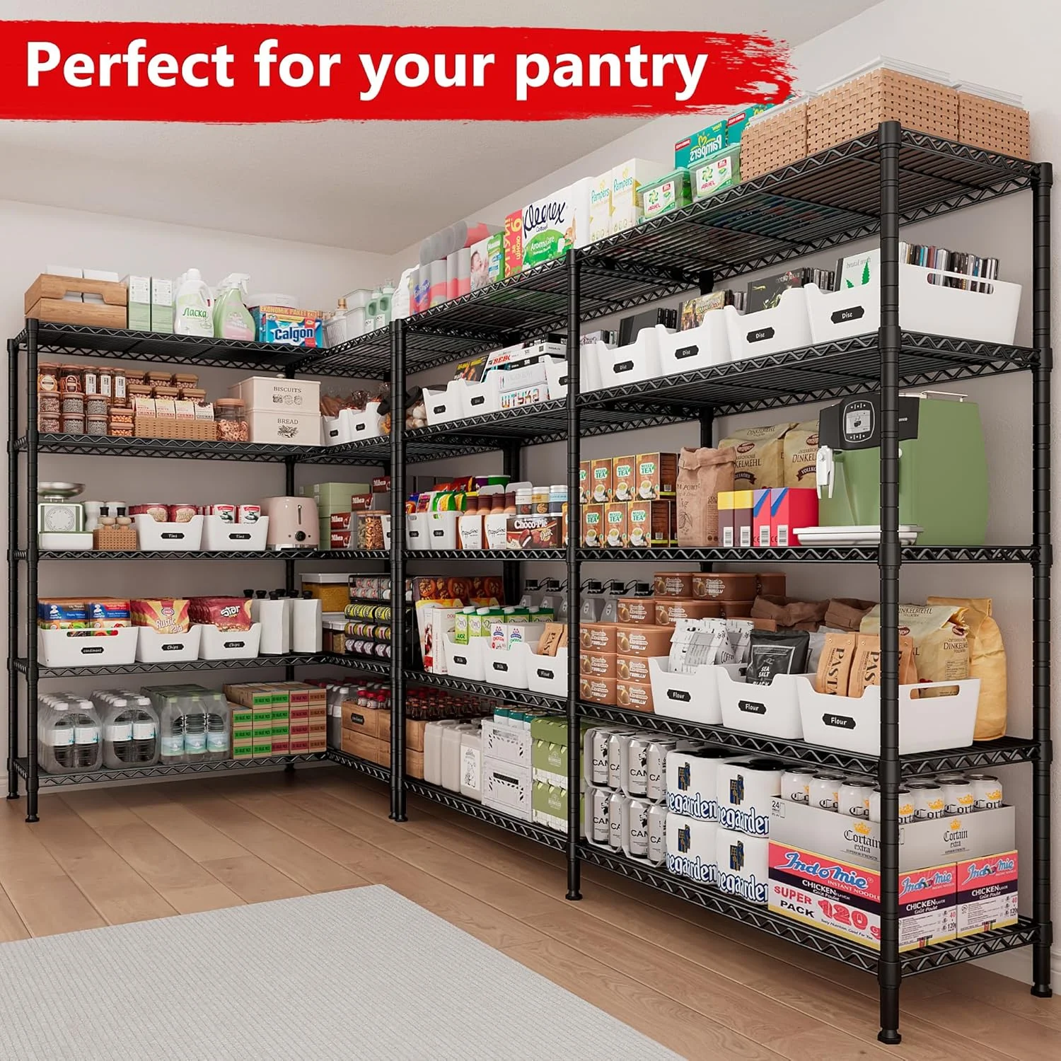 Legooin 72"H Extra-wide Metal Shelves 60"W Storage Rack for Pantry Office Garage Capacity 1500LBS Adjustable Corner Shelving Unit, Black - Image 9