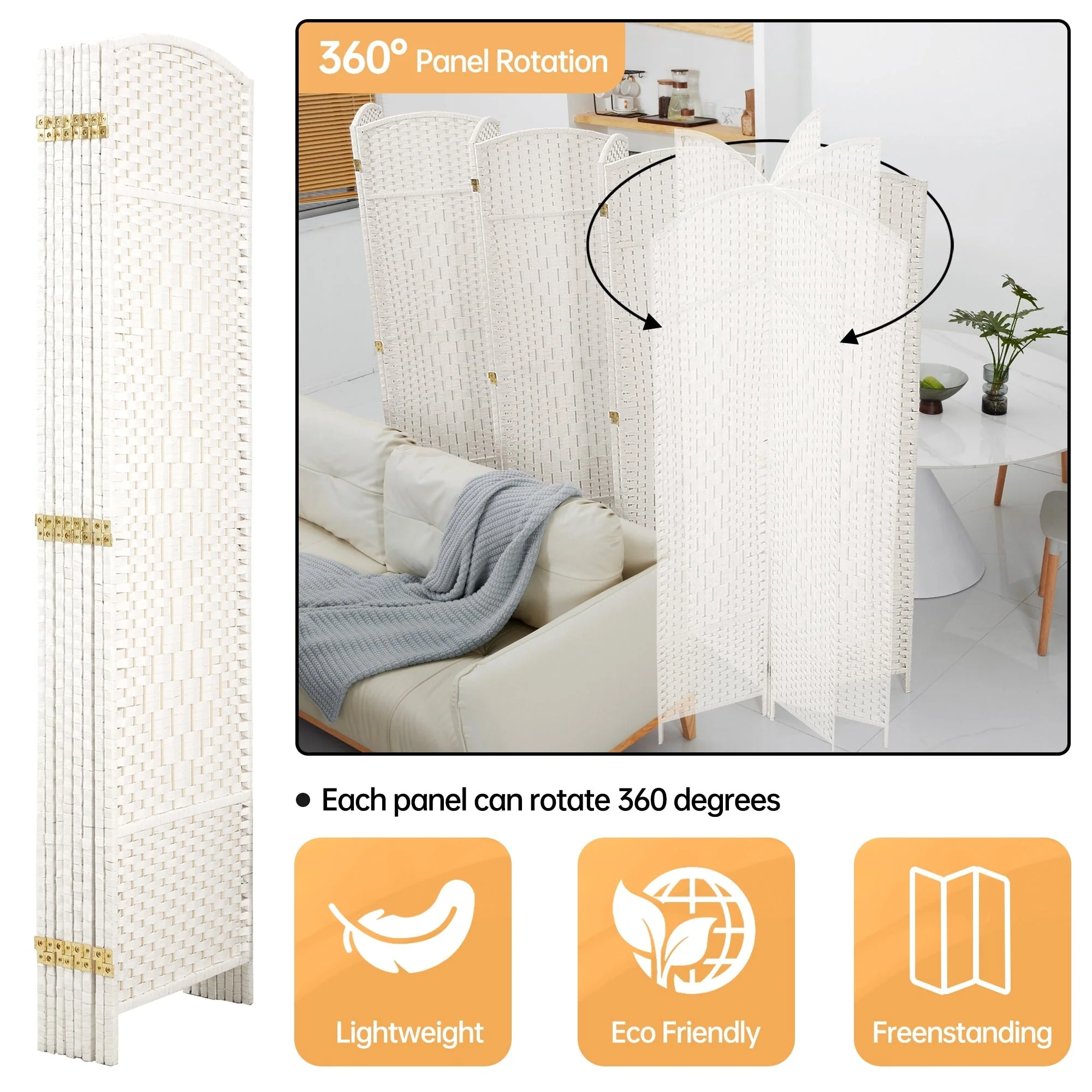 6 FT Tall Woven Fiber Room Divider, Freestanding Folding Privacy Screen - Image 5