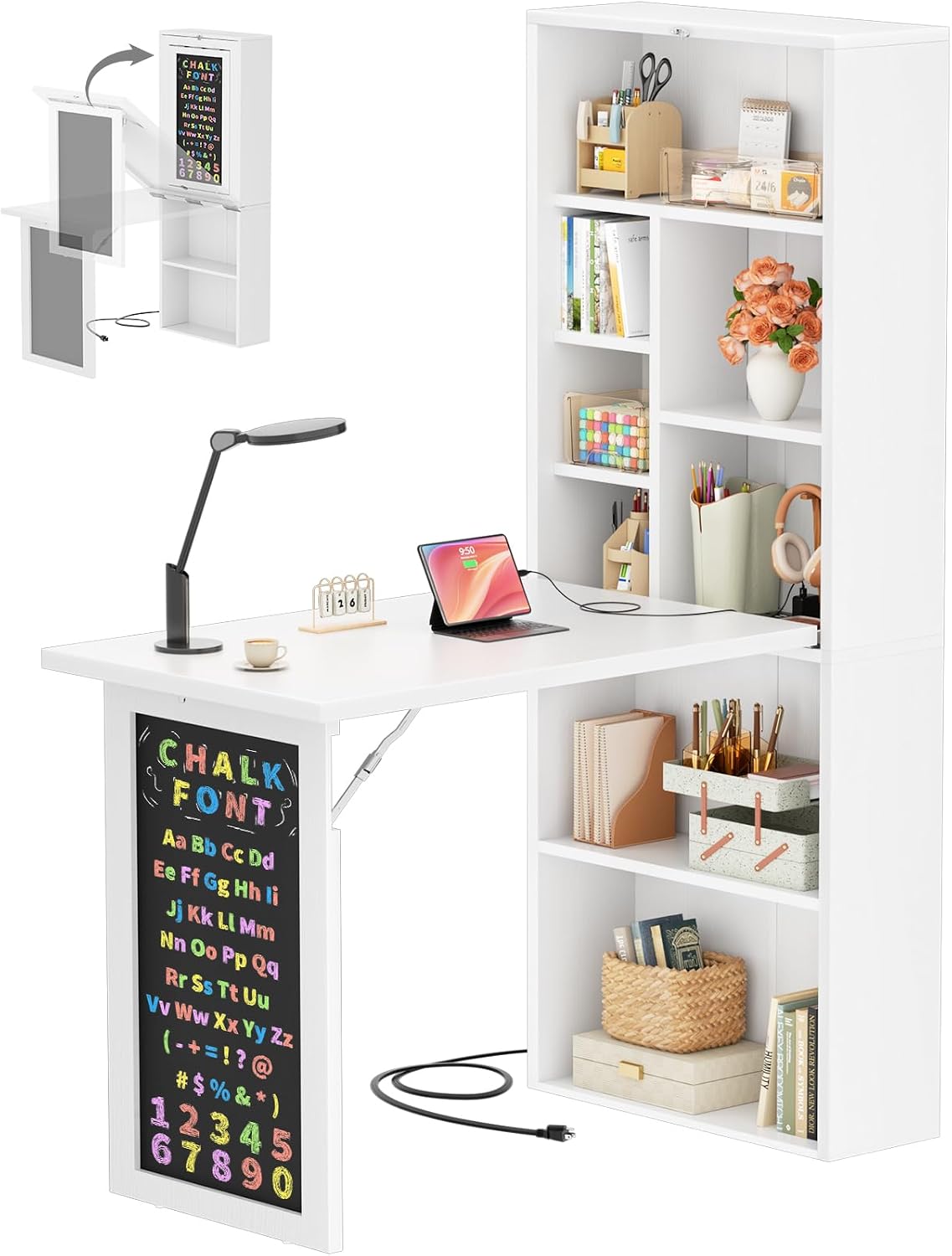 Small Folding Desk with Outlets, Fold-Out Murphy Desk Craft Table - Image 2