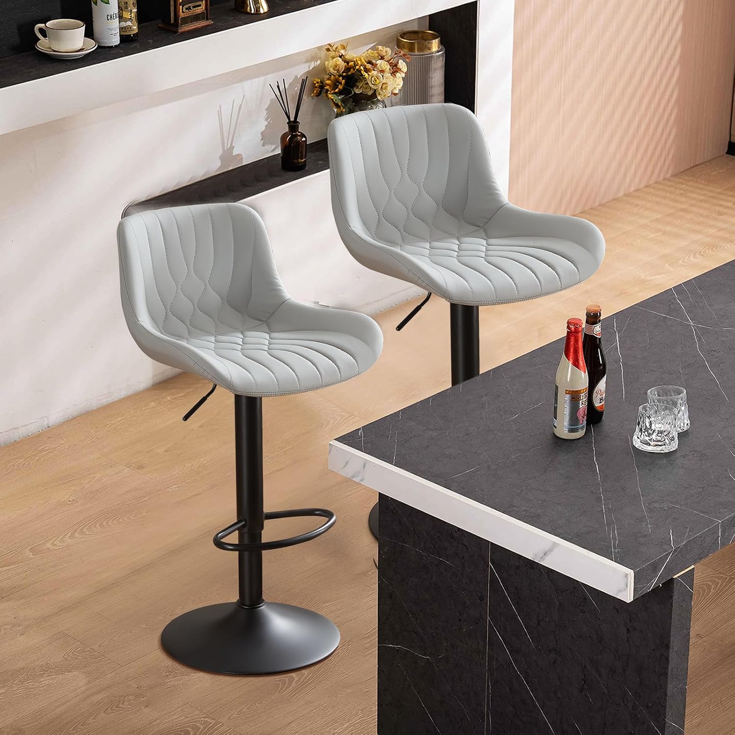 Modern Adjustable Bar Stools Set of 2,Swivel Backs with Faux Leather Counter Height for Kitchen Island Breakfast Bar Chairs Padded Seats for Bar(Black) - Image 8