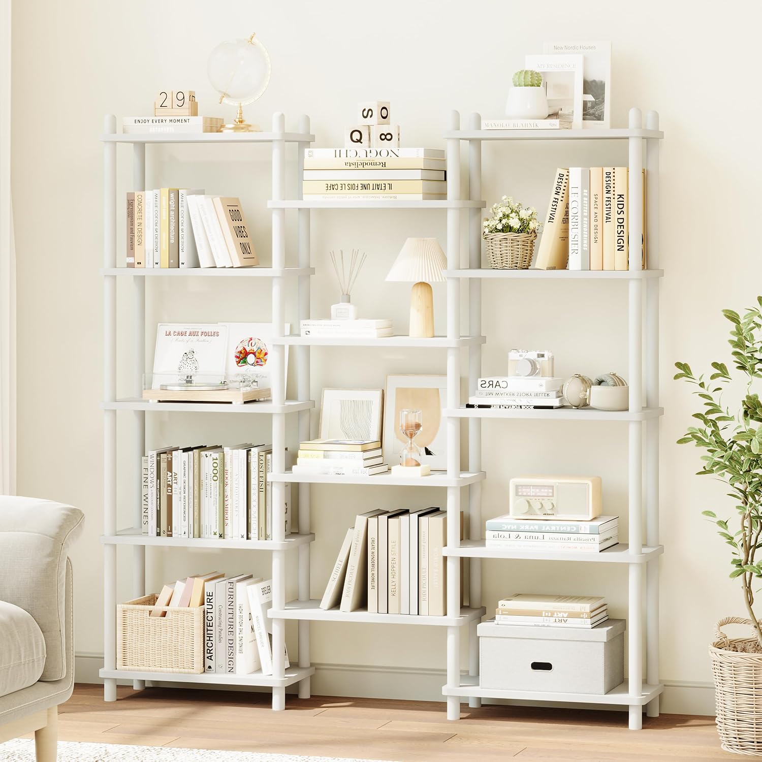 Wooden Triple Wide Bookshelf, 5-Tier Large Open Bookcase, White - Image 3
