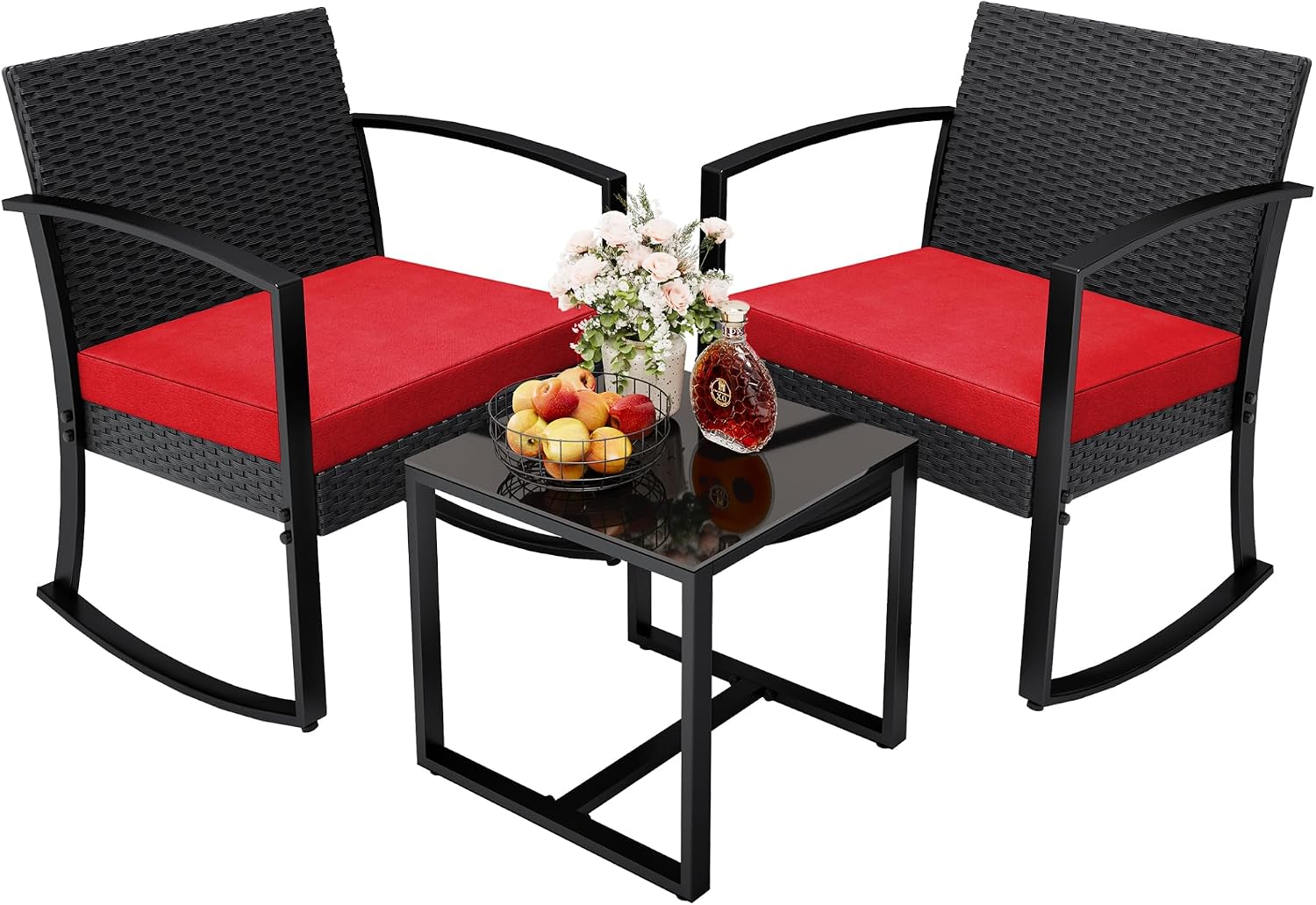 3 Pieces Outdoor Furniture Set, Patio Bistro Rocking Chairs with Glass Coffee Table for Pool, Beach, Backyard, Balcony, Porch, Deck, Garden, Black - Image 4