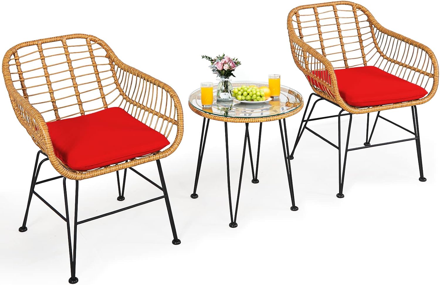 3 Pieces Patio Bistro Set, Rattan Conversation Set with 2 Cushioned Armchairs & Round Glass Coffee Table, Indoor Outdoor Wicker Furniture Set for Balcony, Backyard, Garden, Poolside - Image 7
