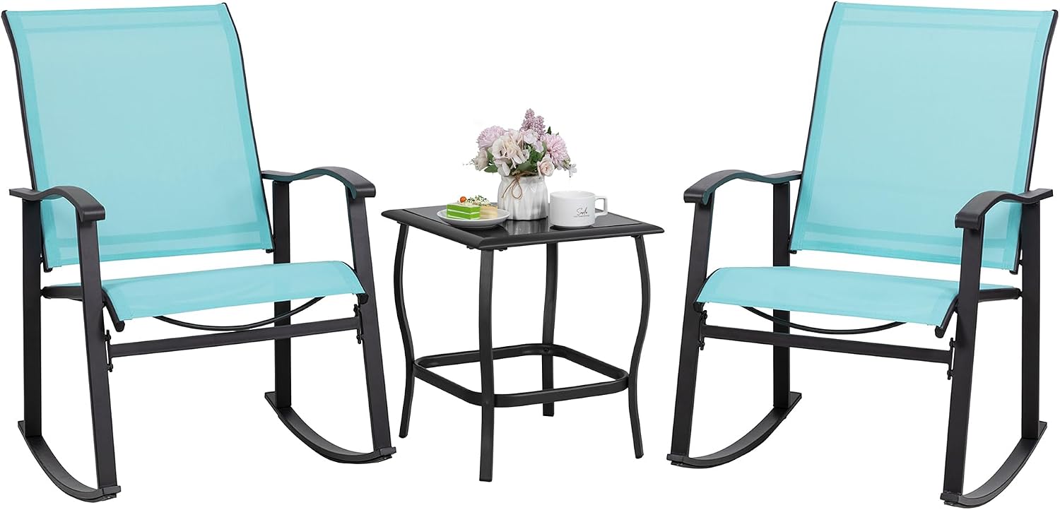 3 Piece Rocking Bistro Set, Outdoor Furniture with Rocker Chairs and Glass Coffee Table Set of 3, Balcony, Porch Furniture for Small Space, Blue - Image 4