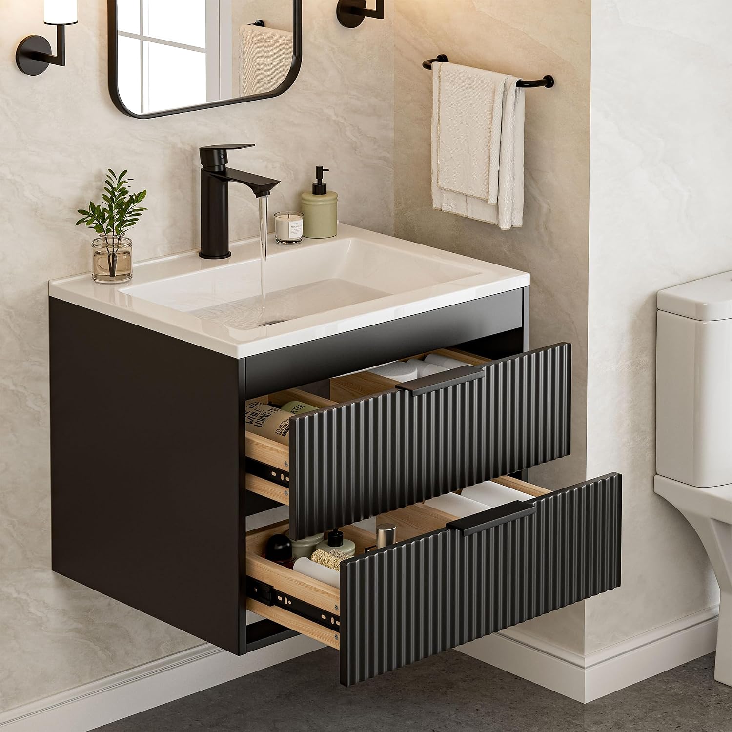 24 Inches Modern MDF Bathroom Vanity with Sink, Wall Mounted Floating Cabinets w/Double Drawers, Black Handles, White Resin Sink Combo Set (White, 24")