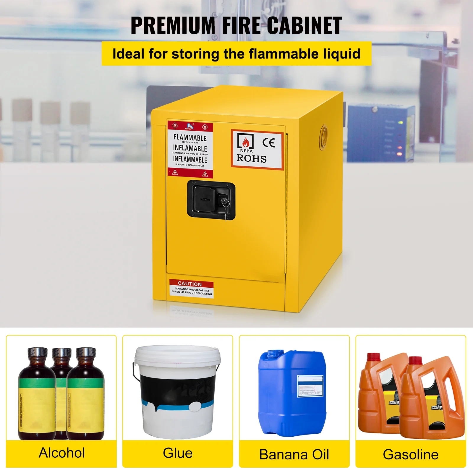 BENTISM Safety Cabinet for Flammable Liquids Single door and Manual Close Yellow Hazardous Storage 43 x 43 x 46CM - Image 2