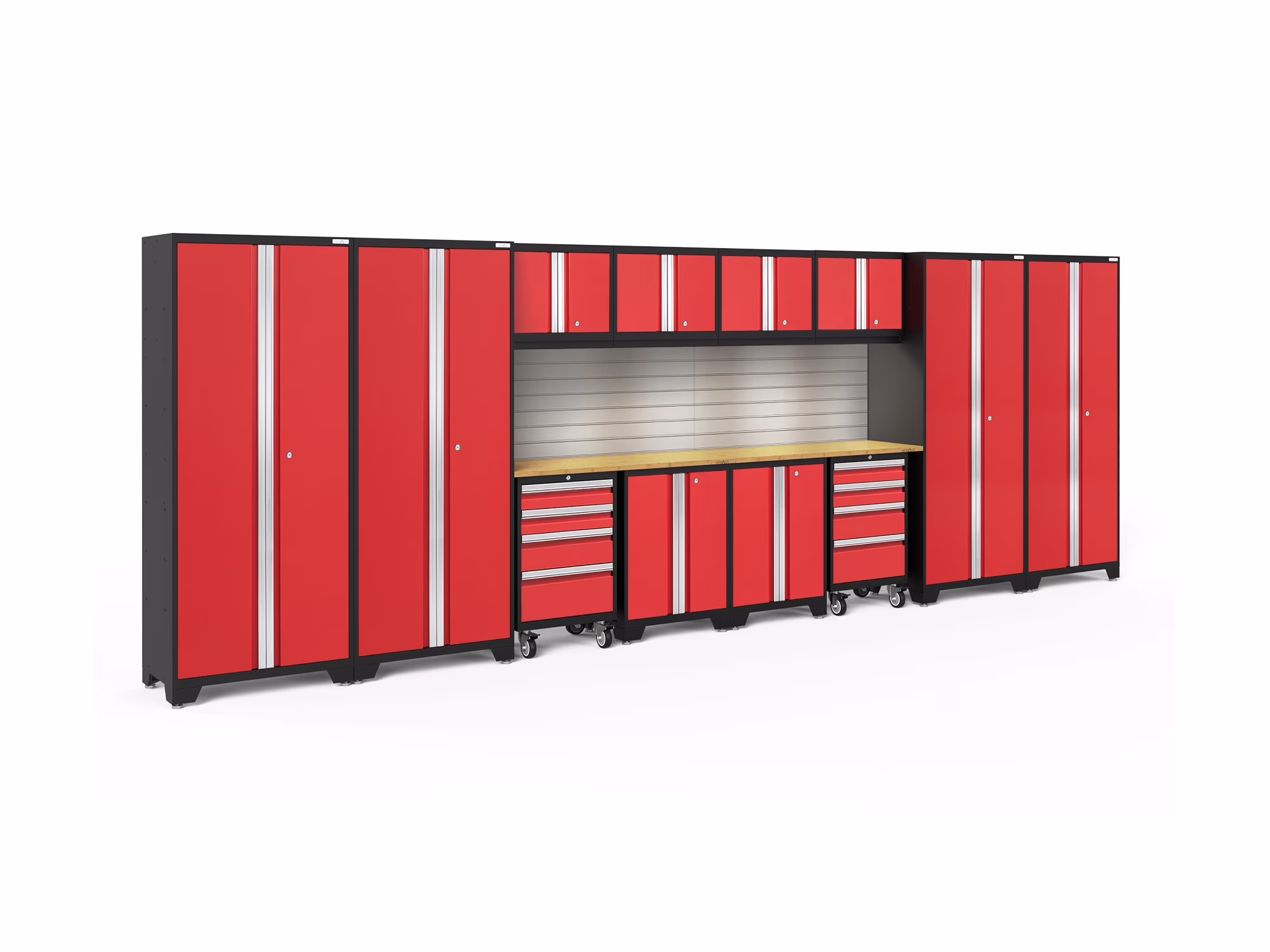 NewAge Products Bold Series Red 14 Piece Cabinet Set, Heavy Duty 24-Gauge Steel Garage Storage System, Slatwall / LED Lights Included