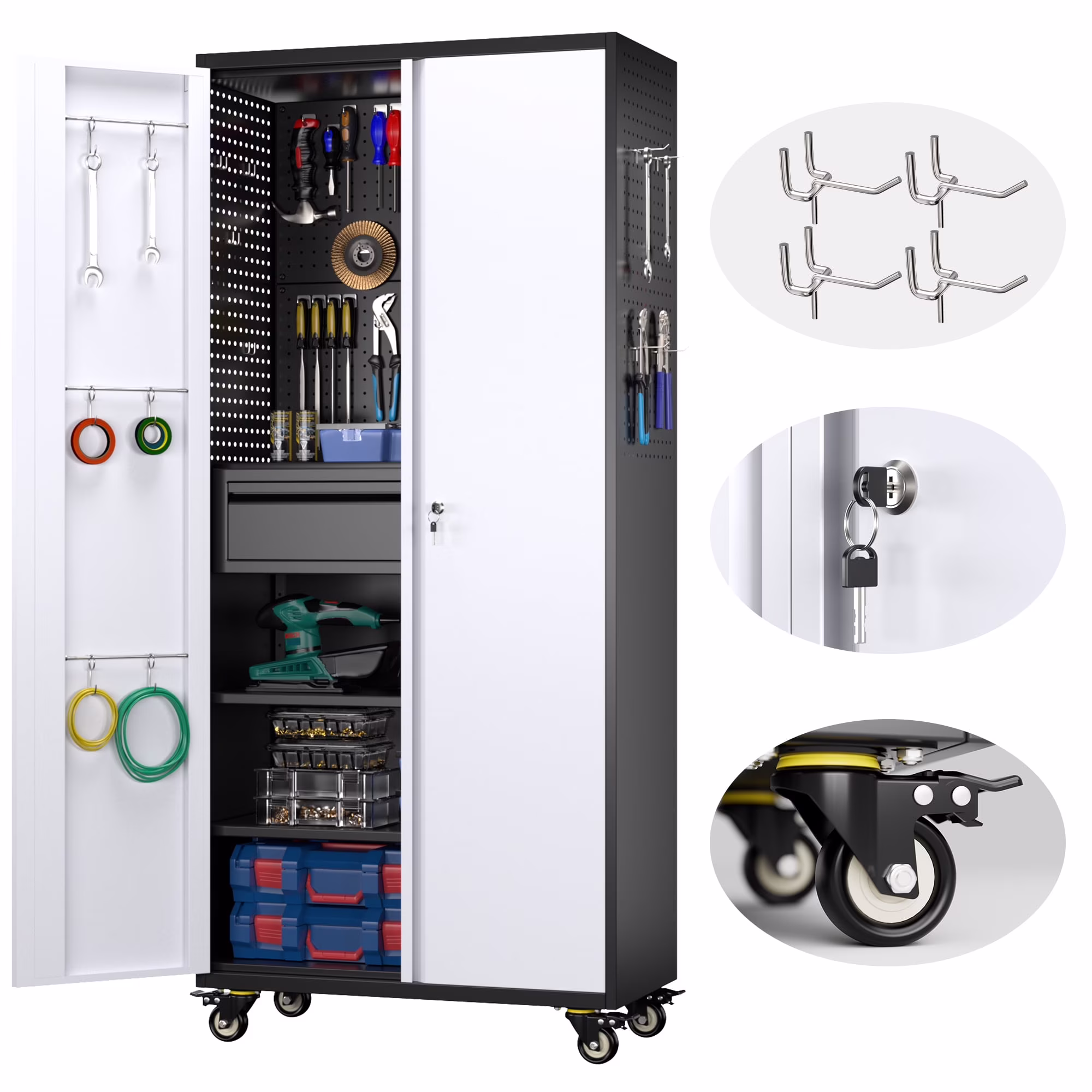 SUPEER 71" Metal Storage Cabinets with Wheels and Pegboards, Industrial Cabinet with 2 Drawers and 2 Adjustable Shelves,, Assembly Required - Image 7